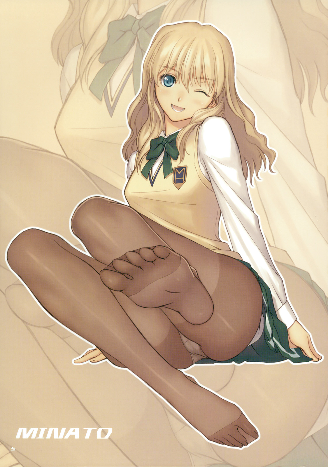 tony taka, minato (zegapain), zegapain, highres, 00s, 1girl, blonde hair, blue eyes, blush, bow, character name, feet, female focus, foot focus, foreshortening, green eyes, happy, head tilt, knees, legs, long hair, long legs, looking at viewer, one eye closed, open mouth, panties, panties under pantyhose, pantyhose, pantyshot, pleated skirt, school uniform, serafuku, sitting, skirt, smile, soles, solo, sweater, sweater vest, thighs, toes, underwear, upskirt, vest, white panties, wink, zoom layer