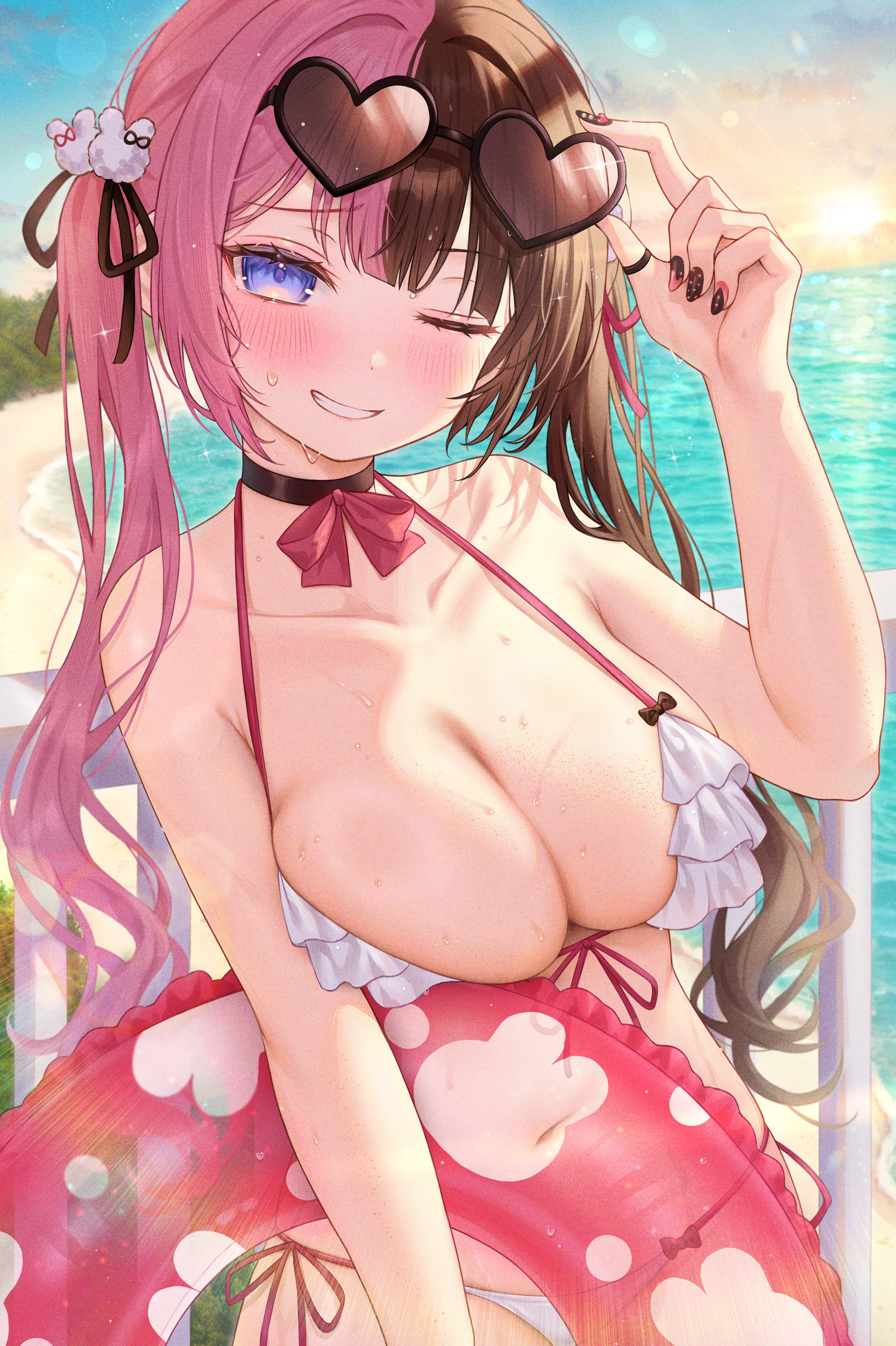 ebihurai, tachibana hinano, vspo!, absurdres, highres, 1girl, adjusting eyewear, bare shoulders, beach, bikini, black-framed eyewear, black bow, black nails, blue sky, blush, body freckles, bow, breast freckles, breasts, brown-tinted eyewear, brown choker, brown hair, brown ribbon, choker, cleavage, cloud, cloudy sky, collarbone, day, fingernails, freckles, frilled bikini, frills, grin, hair ornament, hair ribbon, heart, heart-shaped eyewear, holding, holding swim ring, huge breasts, innertube, jewelry, long hair, looking at viewer, multicolored hair, multicolored nails, nail art, nail polish, navel, ocean, one eye closed, outdoors, pink hair, pink innertube, pink lips, pink nails, pink ribbon, purple eyes, rabbit hair ornament, ribbon, ring, sand, side-tie bikini bottom, sky, smile, solo, split-color hair, stomach, sunglasses, sunset, swim ring, swimsuit, teeth, thighs, tinted eyewear, twintails, two-tone hair, two-tone nails, virtual youtuber, white bikini