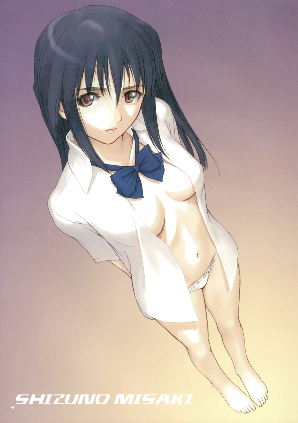 tony taka, misaki shizuno, zegapain, highres, 00s, 1girl, barefoot, black hair, breasts, collarbone, feet, female focus, knees, legs, lipstick, long hair, makeup, navel, no bra, open clothes, open shirt, panties, purple eyes, shirt, solo, standing, thighs, underwear, white panties