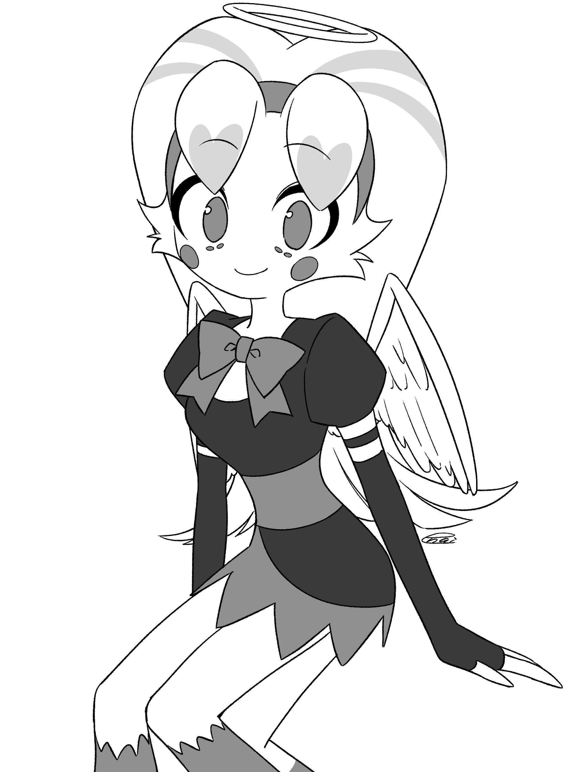 menma (enaic31), molly (hazbin hotel), hazbin hotel, hellaverse, absurdres, commentary request, highres, 1girl, arm support, body fur, bow, bowtie, circle facial mark, closed mouth, dress, extra legs, feathered wings, feet out of frame, fewer digits, frilled dress, frills, from above, greyscale, hairband, halo, horns, juliet sleeves, kneehighs, long hair, long sleeves, looking at viewer, monochrome, no pupils, puffy sleeves, short dress, signature, simple background, smile, socks, solo, very long hair, white background, wings