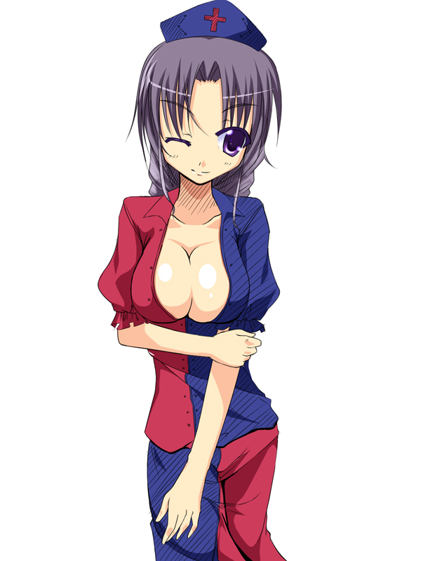 kirise mitsuru, yagokoro eirin, touhou, arm grab, silver hair, >:), 1girl, blue eyes, breasts, center opening, cleavage, collarbone, female focus, hand on own elbow, hat, long hair, no bra, nurse cap, parted bangs, simple background, skinny, skirt, skirt set, solo, standing, straight hair, v-shaped eyebrows, white background