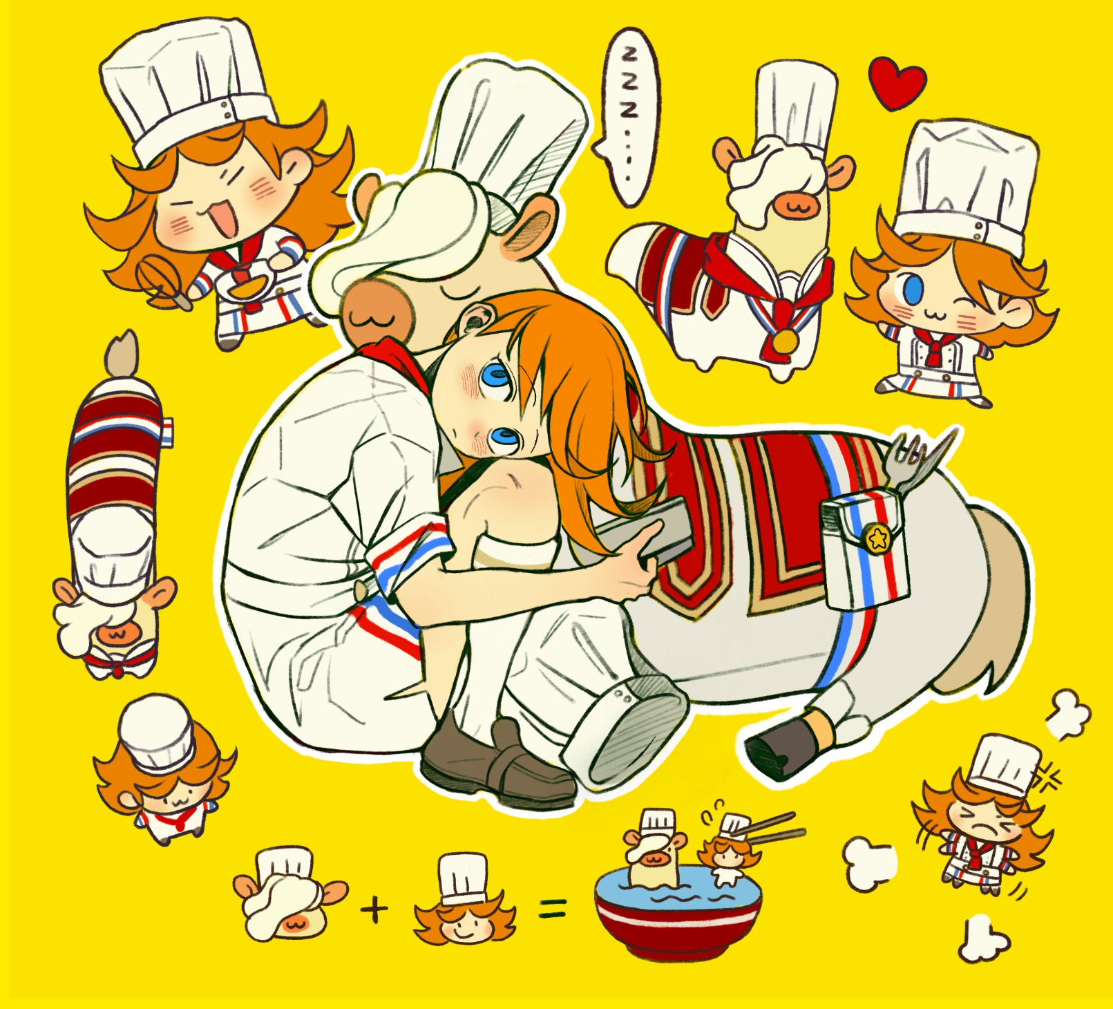 chaojufei, hijinrui gakuen, character request, commentary, highres, 1girl, blue eyes, chef hat, chopsticks, flat top chef hat, fork, hat, horse, knife, one eye closed, orange hair, speech bubble, whisk, yellow background, zzz