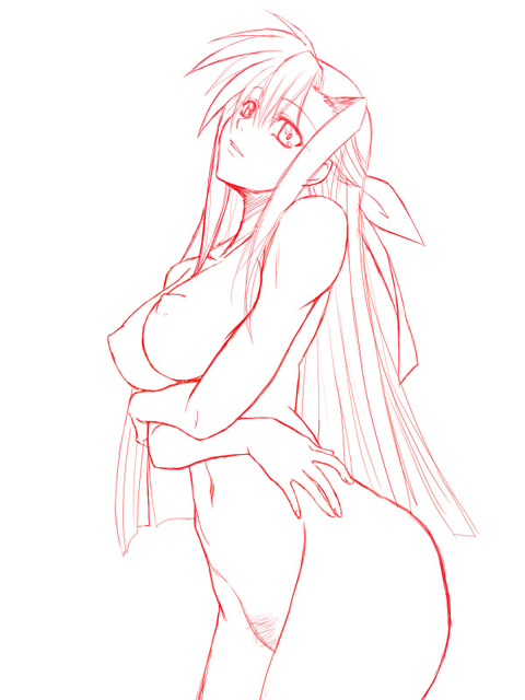 ichimedoo, ginga nakajima, lyrical nanoha, mahou shoujo lyrical nanoha, mahou shoujo lyrical nanoha strikers, 00s, breasts, crossed arms, female pubic hair, hair ribbon, head tilt, large breasts, long hair, monochrome, nipples, nude, pubic hair, ribbon, solo
