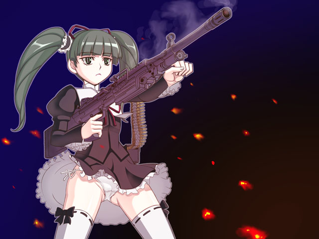 caryo, nanashino, march (coyote ragtime show), coyote ragtime show, 00s, 1girl, ammunition belt, bow, female focus, green eyes, green hair, gun, machine gun, matching hair/eyes, panties, pantyshot, side-tie panties, smoke, smoking barrel, solo, thighhighs, twintails, underwear, weapon, wind, wind lift