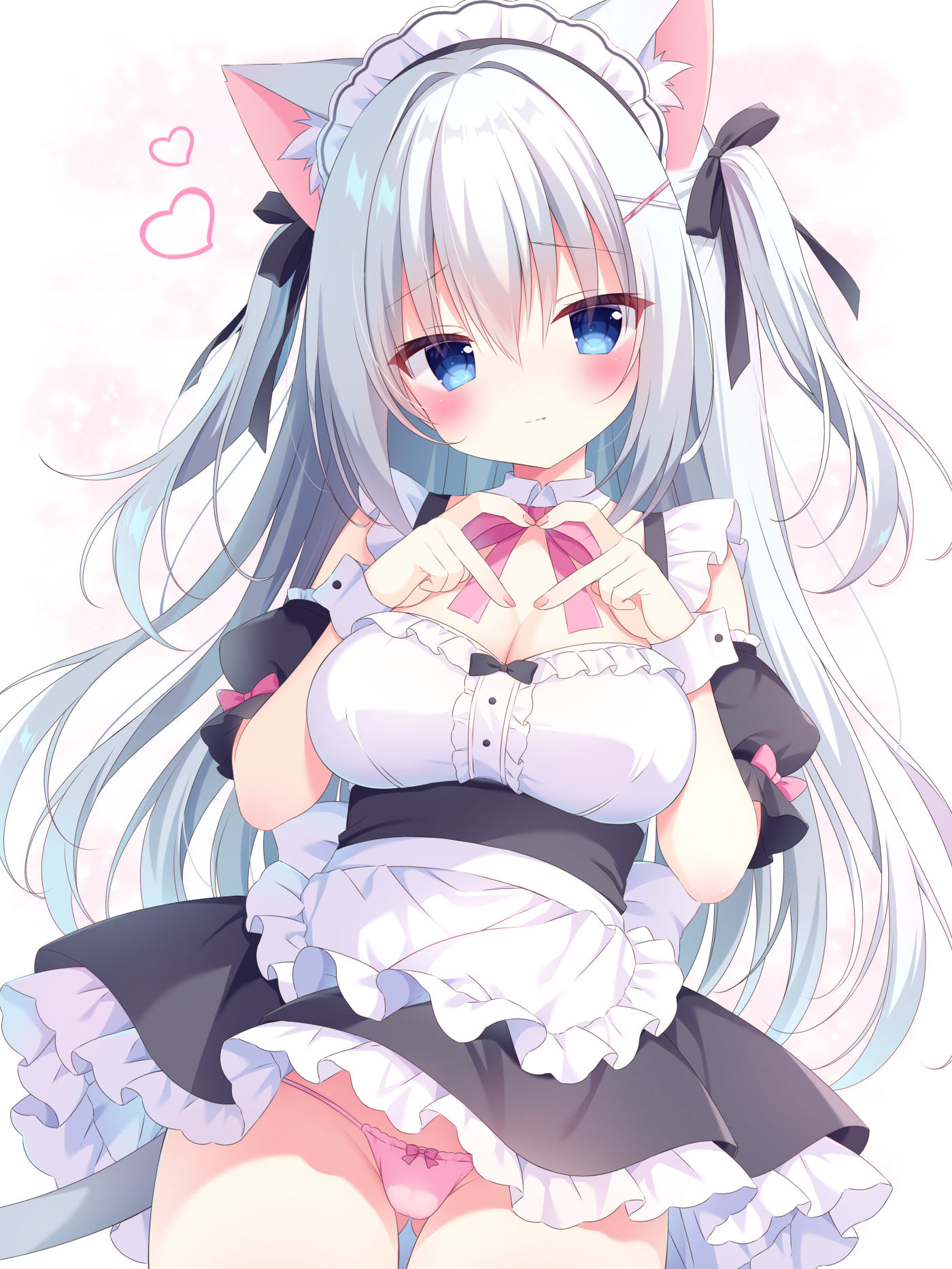 original, commentary request, highres, 1girl, :/, animal ear fluff, animal ears, apron, blue eyes, blush, breasts, cat ears, cat girl, cat tail, cleavage, cowboy shot, detached collar, detached sleeves, grey hair, hair between eyes, hair ribbon, heart, heart hands, large breasts, long hair, maid, maid apron, maid headdress, nekoboshi yuki, panties, pink panties, puffy detached sleeves, puffy sleeves, ribbon, solo, tail, two side up, underwear, very long hair