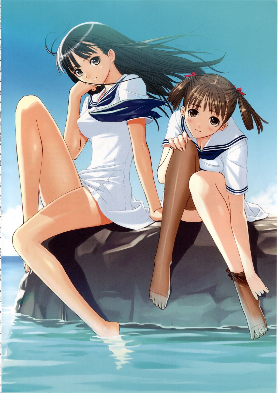 tony taka, mizushima asa, sorayama natsume, sora no iro mizu no iro, highres, scan, scan artifacts, 00s, 2girls, bare legs, barefoot, black eyes, black hair, blush, brown eyes, brown hair, dress, feet, female focus, knees, legs, long legs, looking at viewer, multiple girls, on rock, outdoors, rock, sailor dress, school uniform, serafuku, sitting, smile, soaking feet, soles, thighhighs, thighhighs pull, thighs, toes, water, white dress, wind