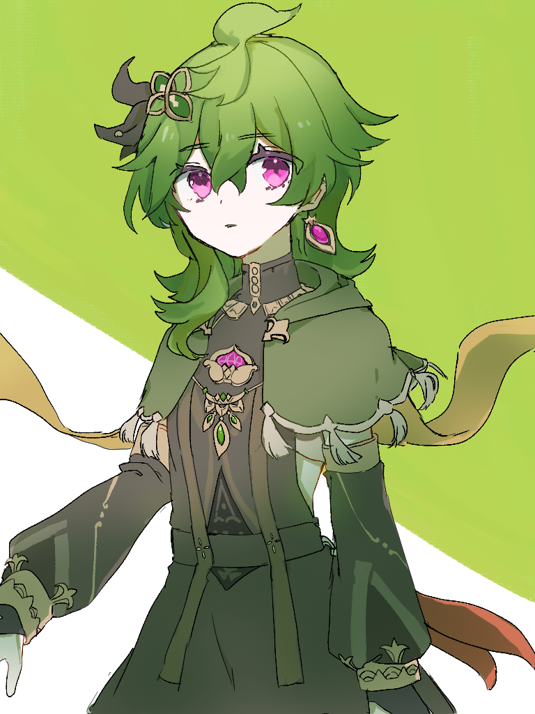 collei (genshin impact), genshin impact, commentary, ahoge, bridal gauntlets, capelet, crossed bangs, earrings, green background, green capelet, green hair, green sleeves, hair between eyes, jewelry, long sleeves, medium hair, puffy sleeves, purple eyes, sidelocks, single earring, solo, standing, syoku 0, two-tone background, upper body, white background