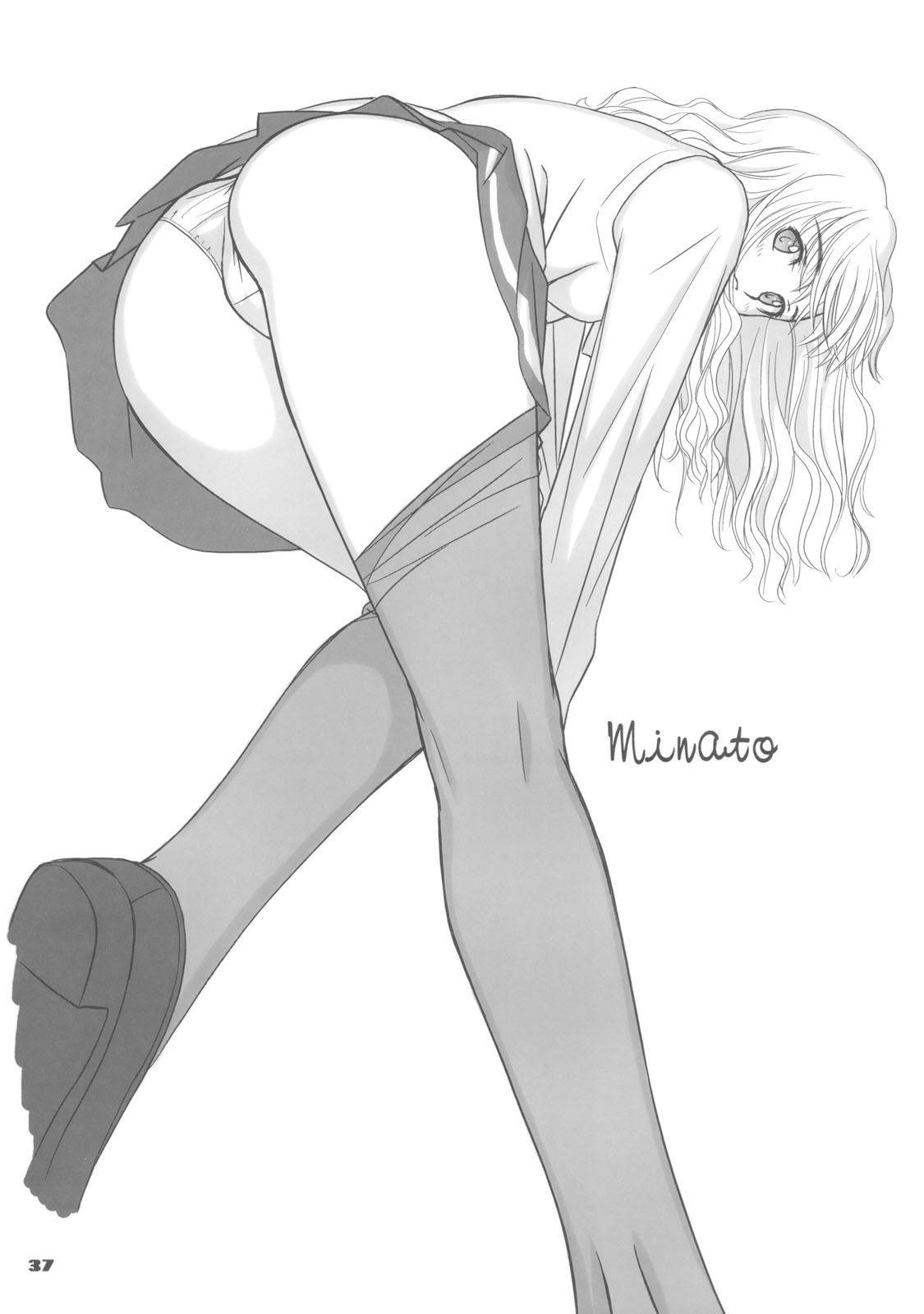 tony taka, minato (zegapain), zegapain, highres, 00s, 1girl, ass, bent over, blush, character name, clothes pull, female focus, greyscale, kneepits, legs, long hair, long legs, looking at viewer, looking back, monochrome, panties, pantyhose, pantyhose pull, pantyshot, school uniform, serafuku, shoes, skirt, solo, sweater vest, thighs, underwear, upskirt, vest, wavy hair