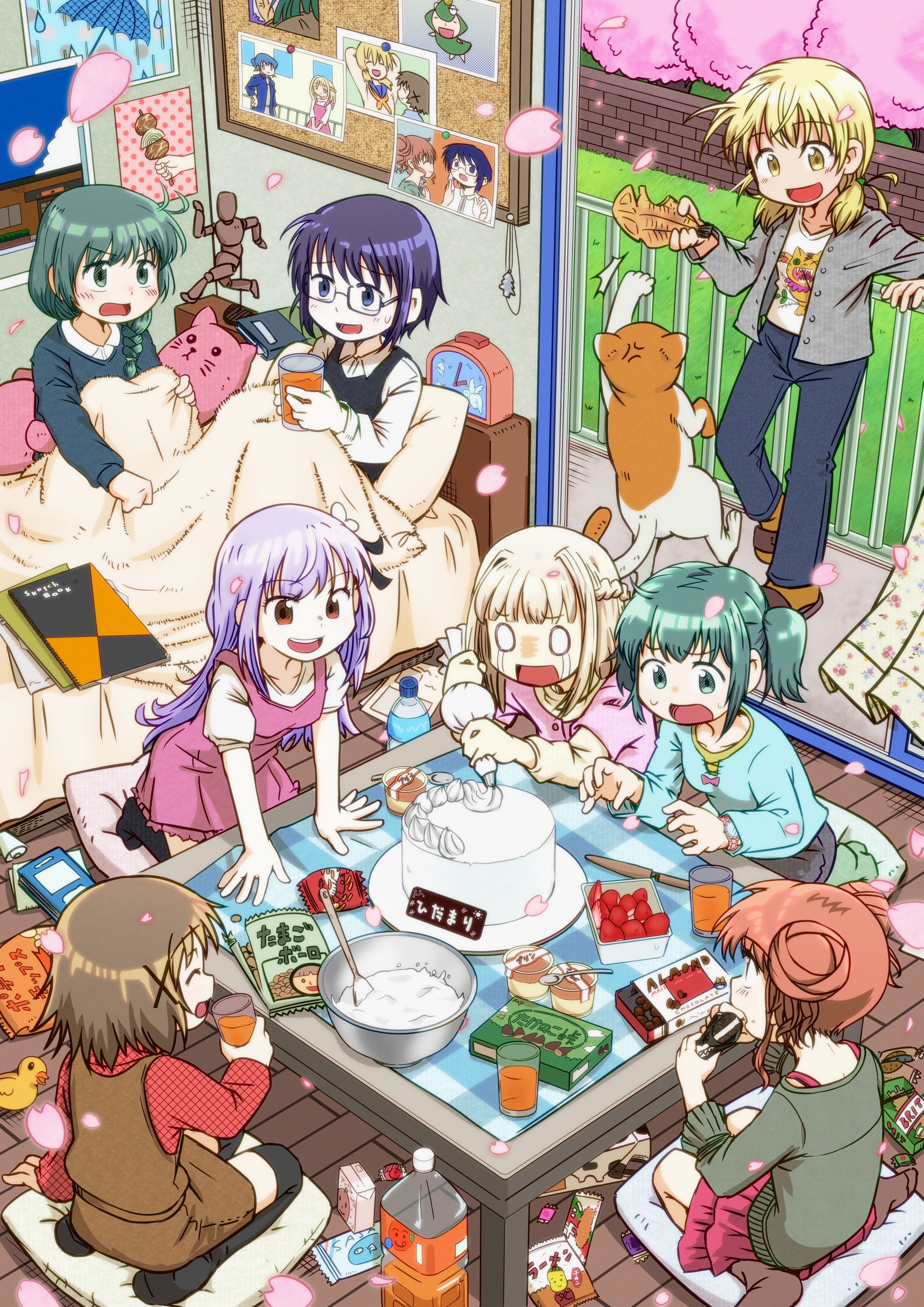 okai (pixiv6333), hiro (hidamari sketch), matsuri (hidamari sketch), miyako (hidamari sketch), natsume (hidamari sketch), nazuna (hidamari sketch), nori (hidamari sketch), sae (hidamari sketch), ume-sensei, yuno (hidamari sketch), hidamari sketch, absurdres, commission, highres, pixiv commission, 6+girls, alarm clock, baking, braid, cake, cat, cherry blossoms, clock, collared shirt, crying, decorating baked goods, double bun, dress, dried fish, food, fruit, glasses, hair bun, hair ornament, hands on table, juice, maruman sketchbook, multiple girls, orange juice, pet, photo (object), pinafore dress, rubber duck, seiza, shared blanket, shirt, side braid, sitting, sketchbook, sleeveless, sleeveless dress, snack, strawberry, streaming tears, stuffed animal, stuffed toy, t-shirt, tears, twintails, wariza, x hair ornament