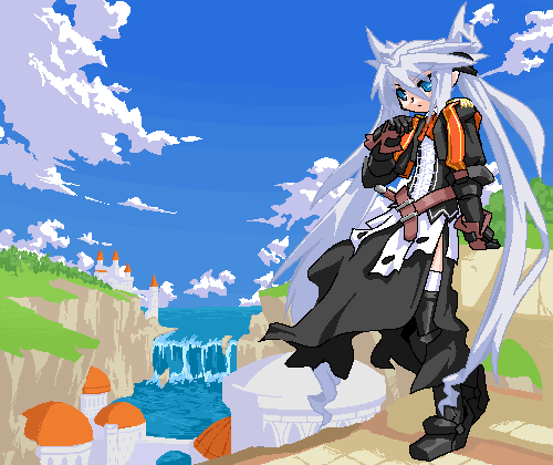 masaki, mof, mof's silver haired twintailed girl, original, silver hair, lowres, 1girl, arm guards, belt, black boots, black gloves, black jacket, blue eyes, blue sky, boots, bow, bowtie, building, castle, cloud, day, female focus, full body, gloves, hair between eyes, jacket, leg up, long hair, oekaki, open clothes, open jacket, outdoors, red bow, red bowtie, river, sky, solo, standing, thigh boots, thighhighs, tsurime, twintails, very long hair, water, waterfall