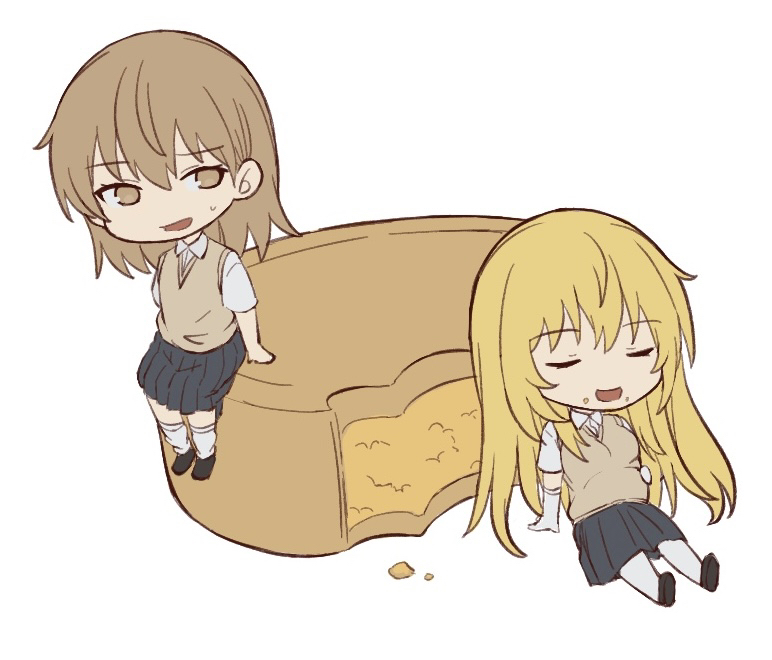yakult1124, misaka mikoto, shokuhou misaki, toaru majutsu no index, 2girls, blonde hair, breasts, brown hair, brown sweater vest, chibi, chibi only, closed eyes, food, food focus, food on face, gloves, hair between eyes, hand on own stomach, long hair, medium hair, multiple girls, no emblem, school uniform, simple background, sitting on food, small breasts, summer uniform, sweater vest, tokiwadai school uniform, very long hair, white background, white gloves