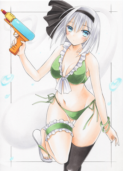 suzune koto (avuu3784), konpaku youmu, konpaku youmu (ghost), touhou, commentary request, marker (medium), traditional media, 1girl, alternate costume, bikini, black hairband, black thighhighs, blue eyes, blush, breasts, breasts apart, frilled thigh strap, green bikini, grey hair, hairband, hitodama, holding, holding water gun, leg up, looking at viewer, navel, sandals, side-tie bikini bottom, single thighhigh, solo, stomach, swimsuit, thigh strap, thighhighs, water gun, white sandals