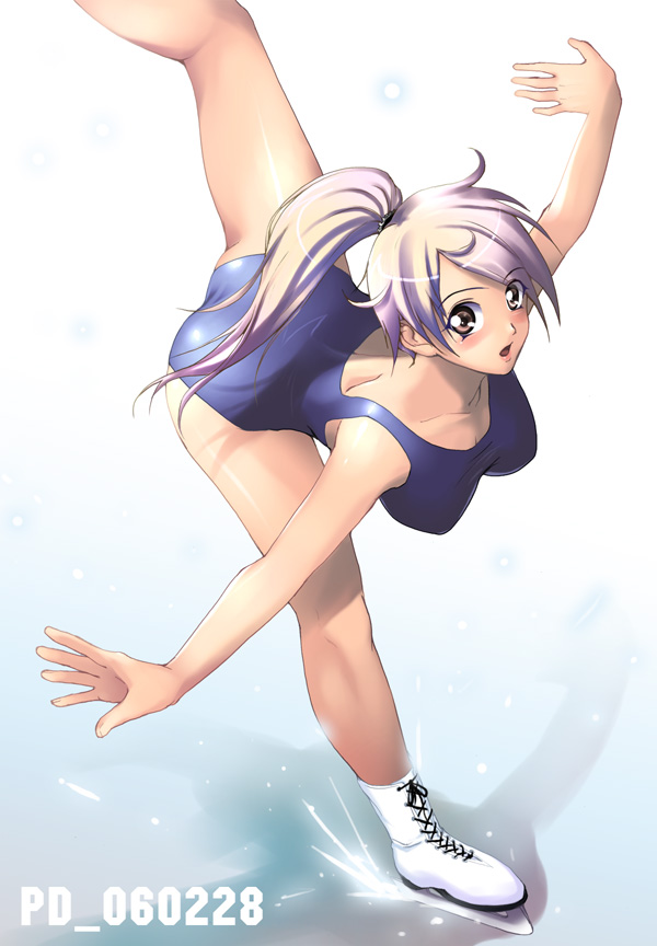 shinozuka jouji, 1girl, brown eyes, female focus, ice skating, leg lift, leotard, ponytail, skating, solo, white hair