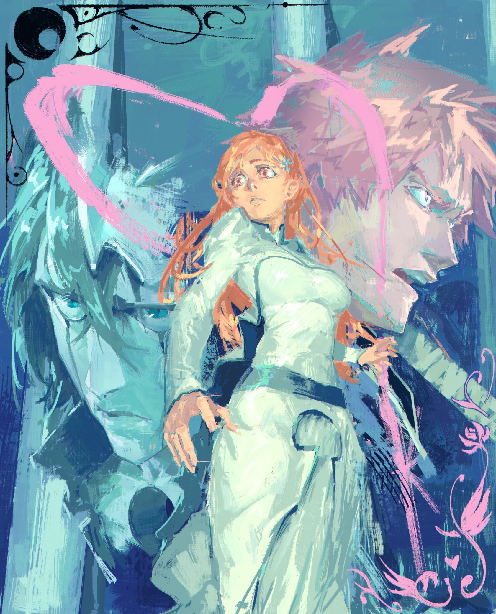 holo303, inoue orihime, kurosaki ichigo, ulquiorra cifer, bleach, commentary, commentary request, english commentary, highres, 1girl, 2boys, arrancar, black hair, broken helmet, brush stroke, closed mouth, colored skin, crossed bangs, dress, facial mark, faux traditional media, green eyes, hair between eyes, hair ornament, hole in chest, hole on body, long hair, long sleeves, looking ahead, looking to the side, multiple boys, open mouth, orange eyes, orange hair, painterly, projected inset, serious, short hair, turning head, white dress, white skin, worried