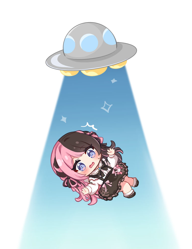 nikoo, tachibana hinano, tachibana hinano (1st costume), vspo!, 1girl, @ @, ^^^, abduction, black shoes, blush, bow, brown hair, brown ribbon, brown skirt, chibi, chibi only, flying saucer, footwear bow, frilled shirt, frills, hair ornament, long hair, long sleeves, midair, multicolored hair, open mouth, pink hair, pink ribbon, purple eyes, rabbit ornament, ribbon, shirt, shoes, simple background, skirt, spacecraft, split-color hair, suspender skirt, suspenders, sweatdrop, thighs, two-tone hair, ufo, virtual youtuber, white background, white shirt