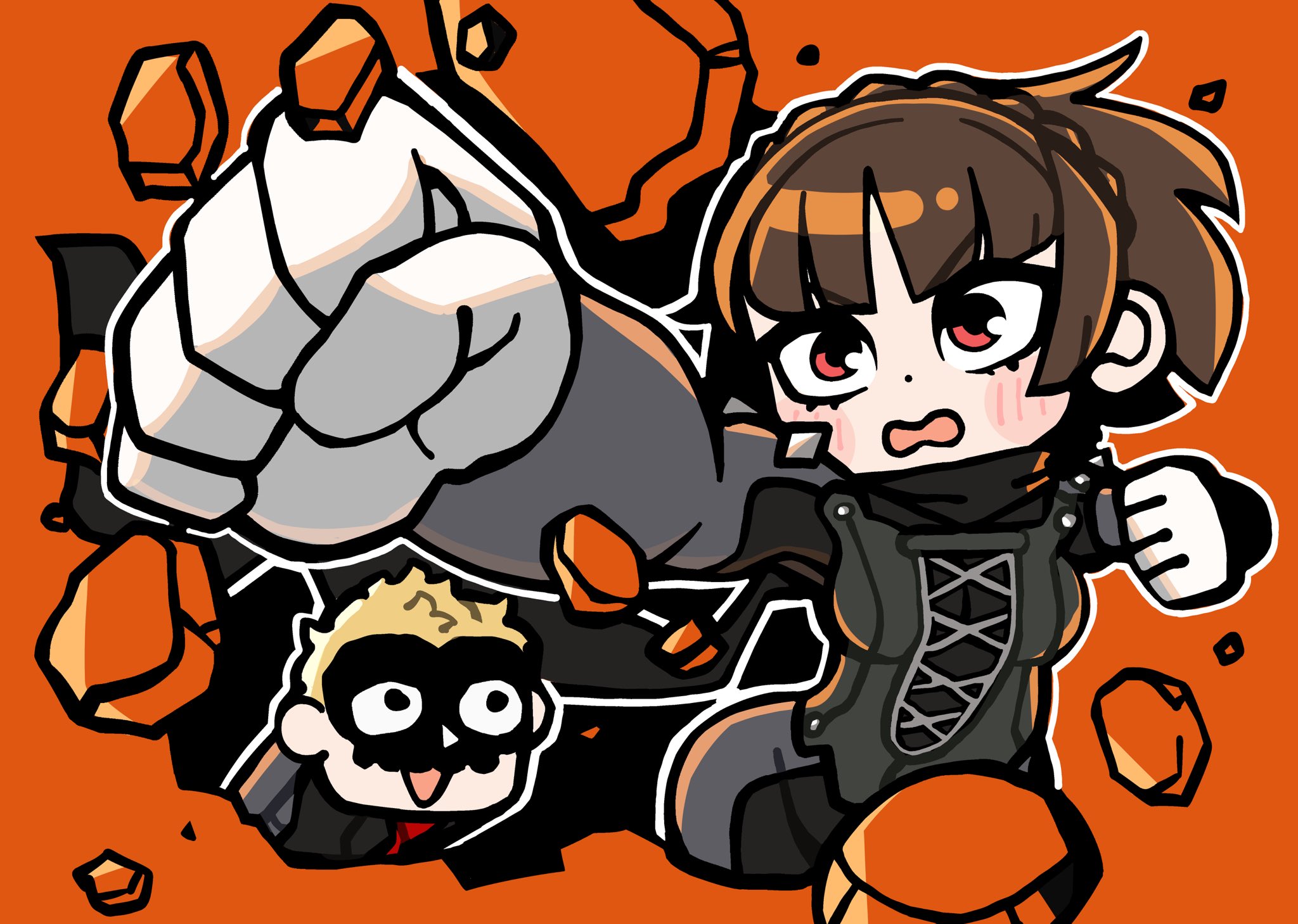 bkub, niijima makoto, queen (persona 5), sakamoto ryuuji, skull (persona 5), persona, persona 5, highres, 1boy, 1girl, black bodysuit, black eyes, black jacket, black mask, black scarf, blonde hair, blush stickers, bodysuit, braid, breaking through wall, broken wall, brown hair, clenched hands, crown braid, debris, dot nose, gloves, jacket, mask, open mouth, punching, red eyes, scarf, short hair, skull mask, white gloves
