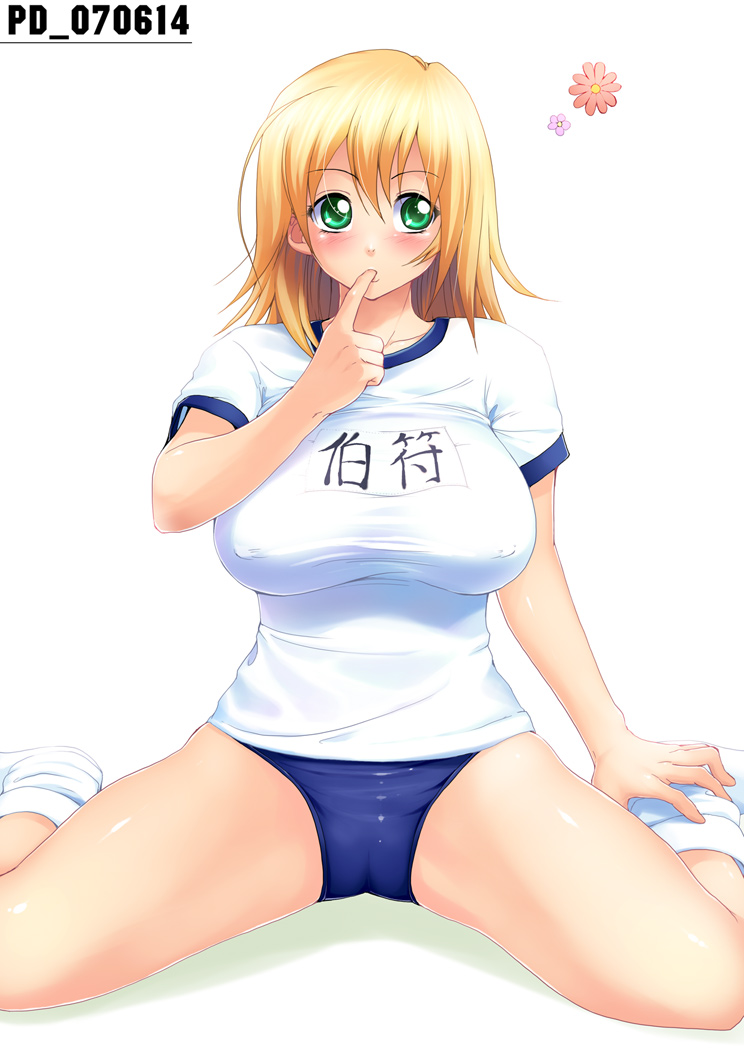 shinozuka jouji, sonsaku hakufu, ikkitousen, 00s, 1girl, blonde hair, blouse, breasts, buruma, cameltoe, covered erect nipples, female focus, green eyes, gym uniform, hair between eyes, loose socks, shirt, sitting, socks, solo, spread legs, taut clothes, taut shirt, white shirt, white socks