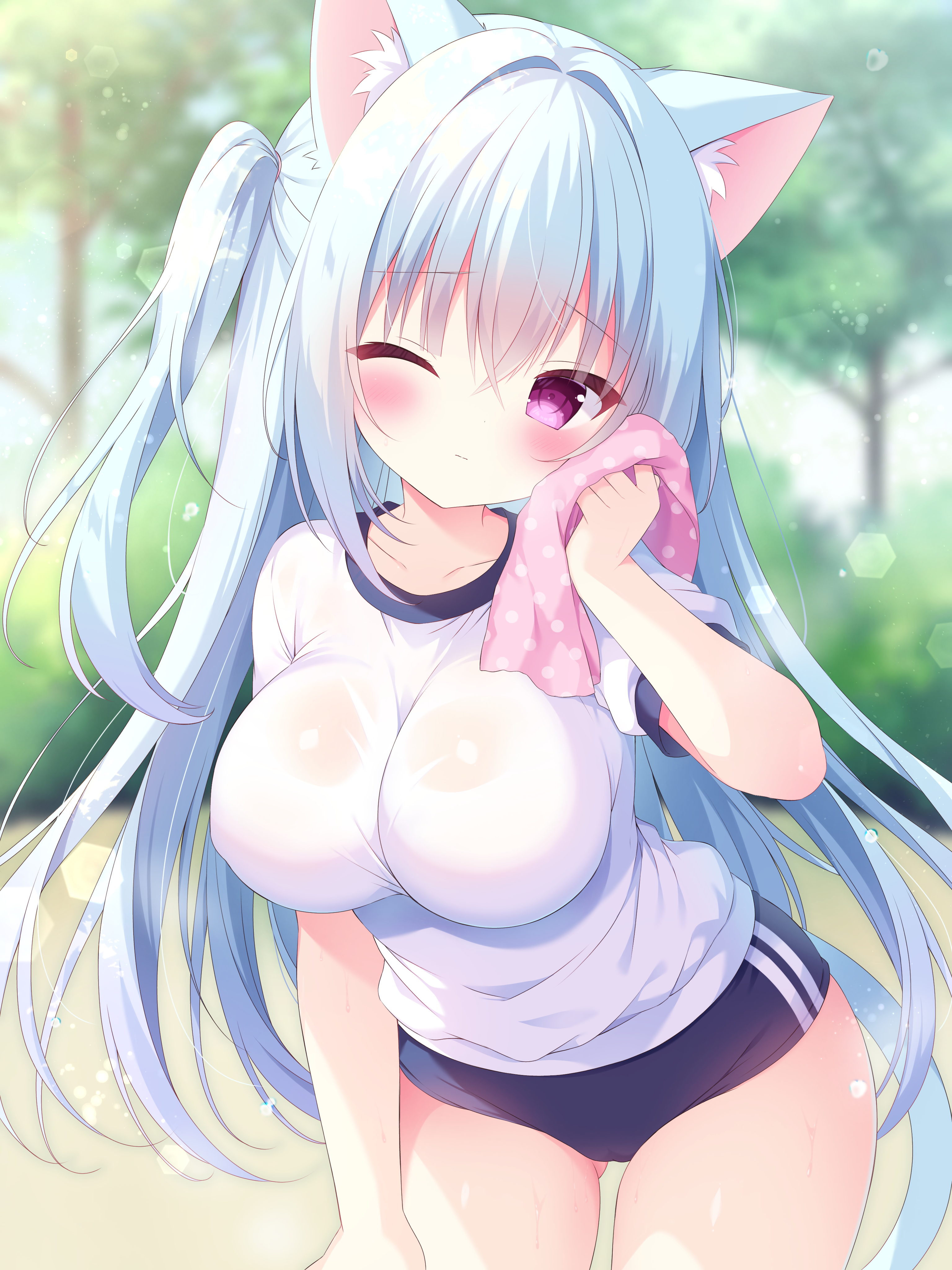 original, absurdres, commentary, highres, 1girl, :/, ;/, animal ear fluff, animal ears, between breasts, blue hair, blush, breasts, buruma, cat ears, cat girl, cat tail, clothes between breasts, collarbone, crossed bangs, gym uniform, hair between eyes, handkerchief, holding, holding handkerchief, large breasts, long hair, nekoboshi yuki, one eye closed, purple eyes, shirt, solo, sweat, tail, two side up, very long hair, white shirt