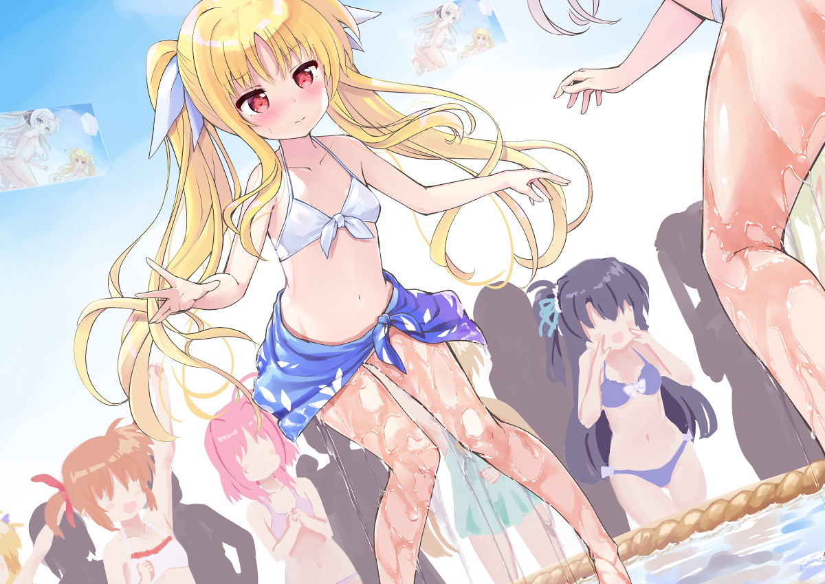 tenjou ryuka, fate testarossa, takamachi nanoha, lyrical nanoha, mahou shoujo lyrical nanoha, character request, commentary request, 5girls, backlighting, bare arms, bare legs, bikini, blonde hair, blush, bow, bow bikini, breasts, closed mouth, clothes around waist, collarbone, day, dutch angle, feet out of frame, fighting stance, floating hair, frown, hair ribbon, halterneck, hands up, long hair, multiple girls, navel, outdoors, outstretched hand, red eyes, ribbon, scene reference, sidelocks, small breasts, solo focus, split mouth, standing, stomach, sweat, swimsuit, thighs, twintails, very long hair, wet, white bikini, white bow, white ribbon
