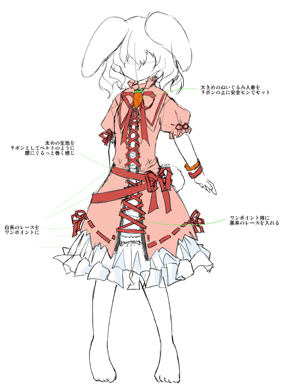kamiya yuu, inaba tewi, touhou, 1girl, animal ears, barefoot, carrot, female focus, food-themed clothes, full body, monochrome, rabbit ears, simple background, solo, spot color, standing, white background