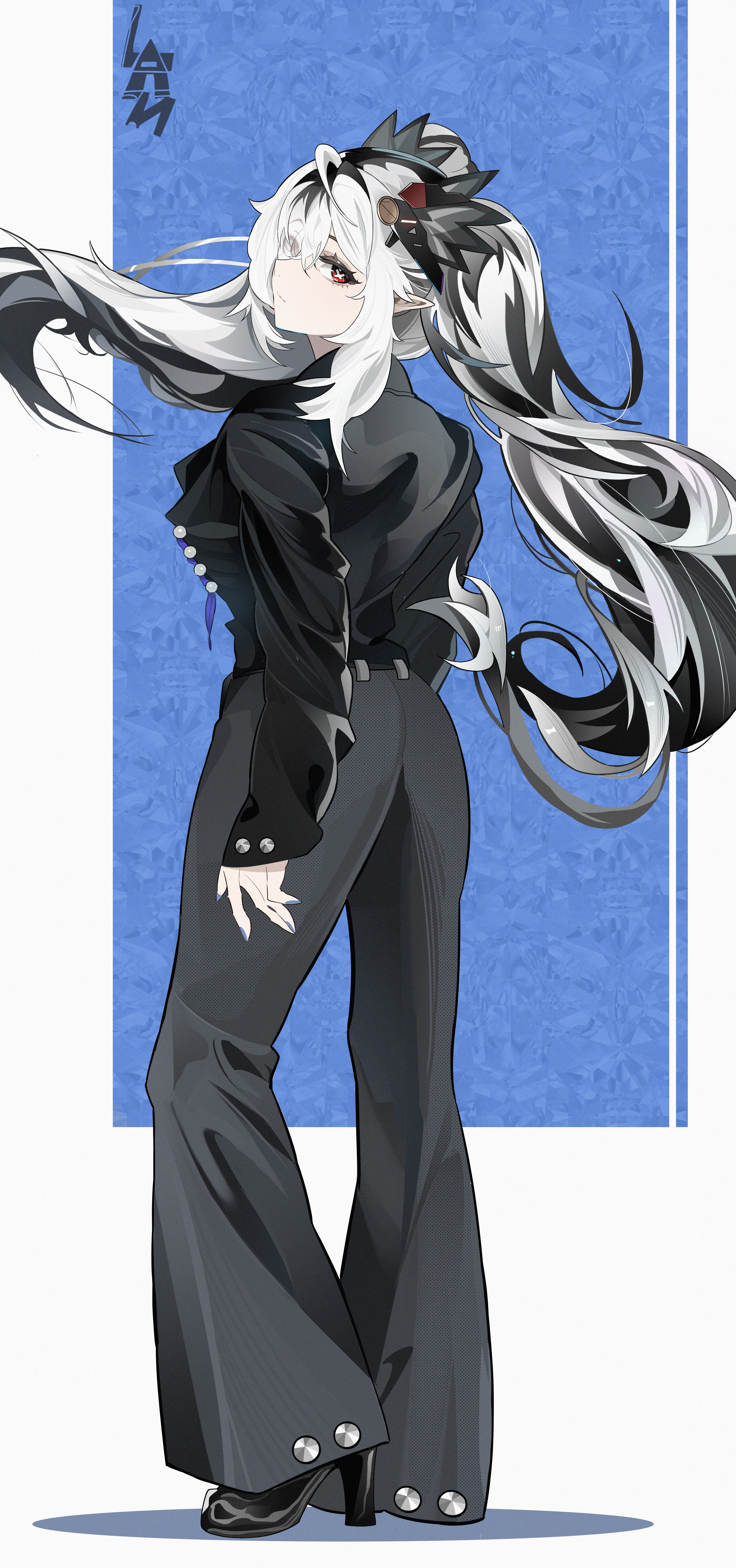 fley-lan, jetavie (pgr), punishing: gray raven, absurdres, highres, 1girl, ahoge, black hair, black jacket, black pants, full body, grey hair, hair ornament, headgear, high heels, jacket, long hair, looking back, multicolored hair, pants, pointy ears, red eyes, sidelocks, solo, streaked hair, symbol-shaped pupils, twintails, very long hair, x-shaped pupils