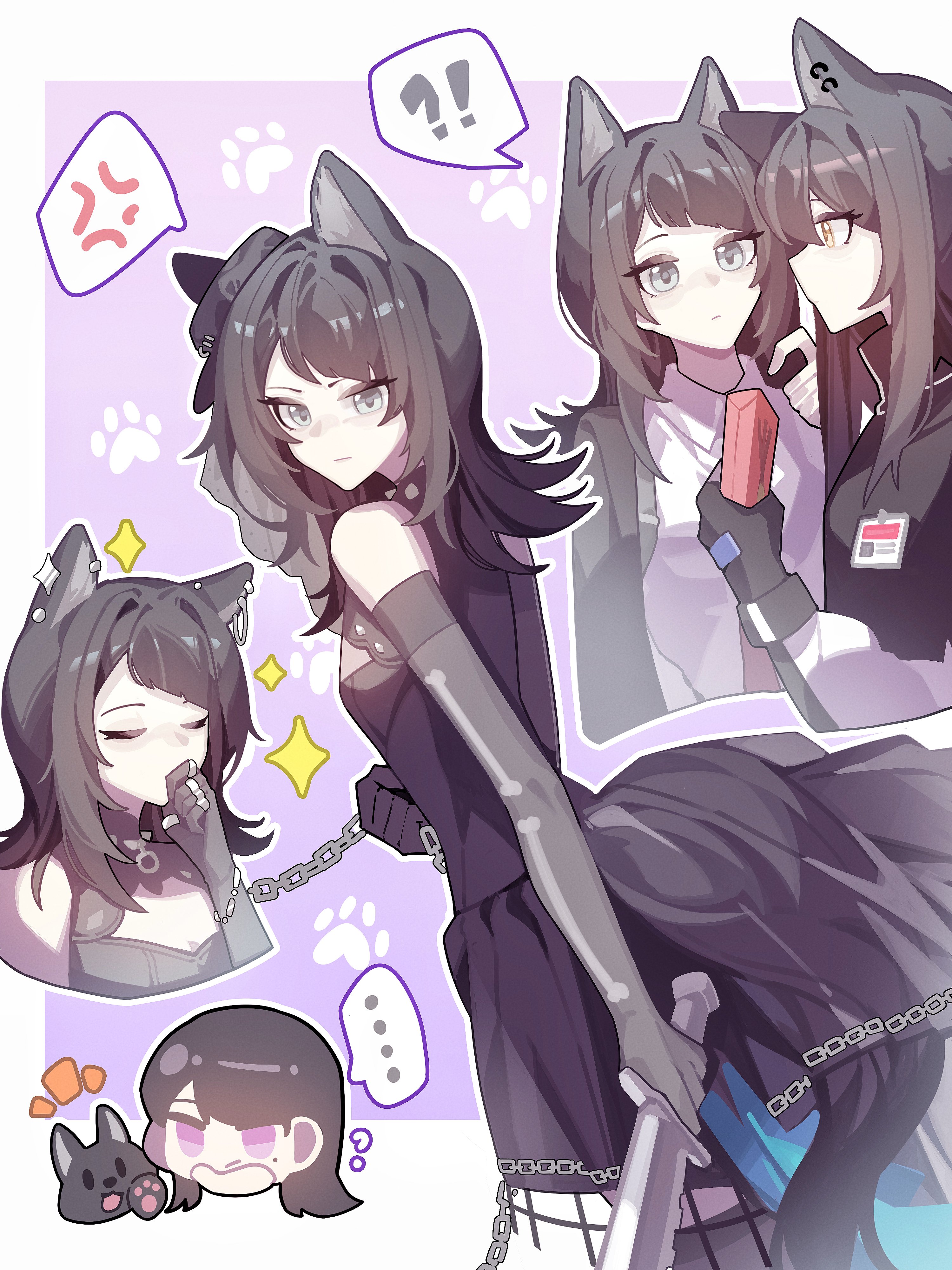 haobuguniao, shiina taki, texas (arknights), yahata umiri, arknights, bang dream!, bang dream! it's mygo!!!!!, absurdres, commentary, hashtag-only commentary, highres, 3girls, animal ear piercing, animal ears, black dress, black gloves, blue eyes, chain, dress, food, gloves, holding, holding sword, holding weapon, mole, mole under eye, multiple girls, orange eyes, pocky, purple eyes, sleeveless, sleeveless dress, sword, tail, weapon, wolf ears, wolf girl, wolf tail, yahata umiri (moonlight executioner)