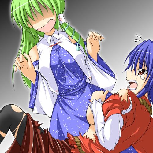 kochiya sanae, yasaka kanako, touhou, torn legwear, lowres, 2girls, blue hair, female focus, female pervert, green hair, multiple girls, pantyhose, pervert, torn clothes, you gonna get raped, yuri