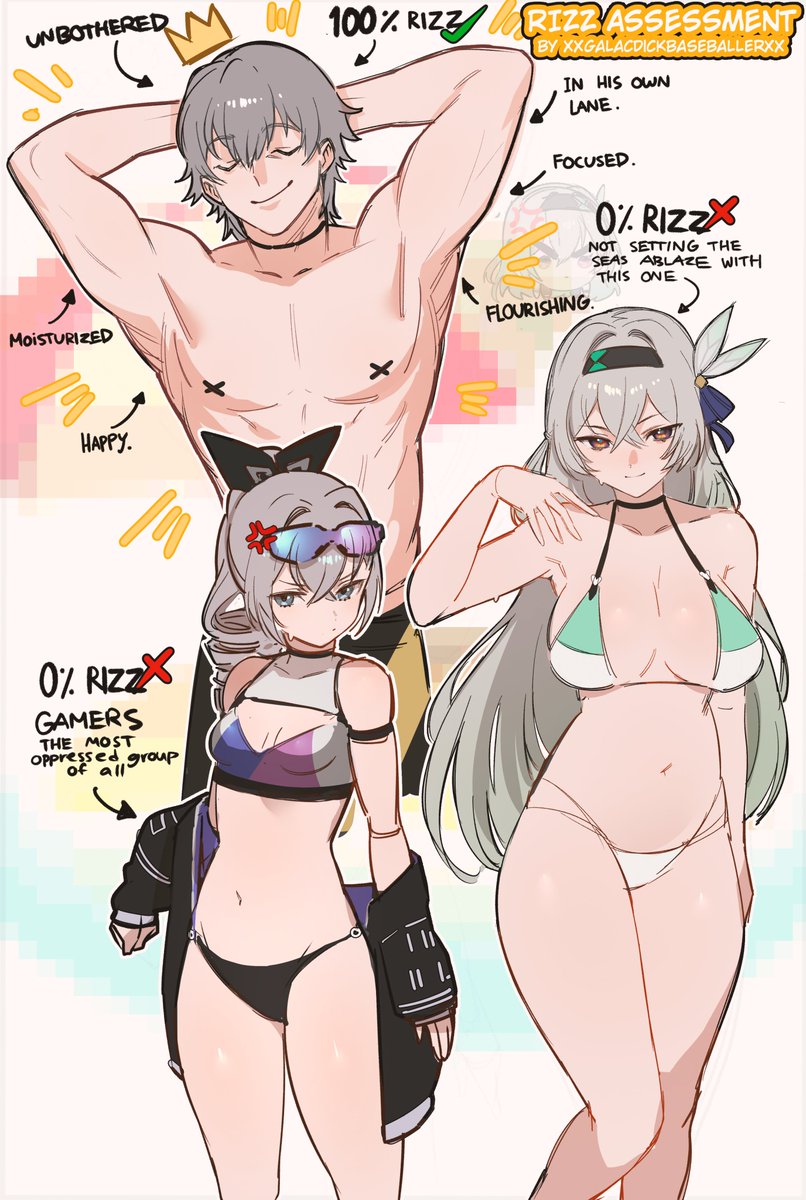 kowai (iamkowai), caelus (honkai: star rail), firefly (honkai: star rail), silver wolf (honkai: star rail), trailblazer (honkai: star rail), honkai: star rail, honkai (series), commentary, english commentary, highres, 1boy, 2girls, aqua bikini, bikini, breasts, english text, multiple girls, muscular, muscular male, navel, official alternate costume, swimsuit