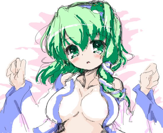 naitou satoshi, kochiya sanae, touhou, bad id, bad pixiv id, 1girl, :o, bed sheet, blush, breasts, cleavage, female focus, green hair, hairband, large breasts, lying, no bra, on back, open clothes, open shirt, shirt, sketch, solo, upper body