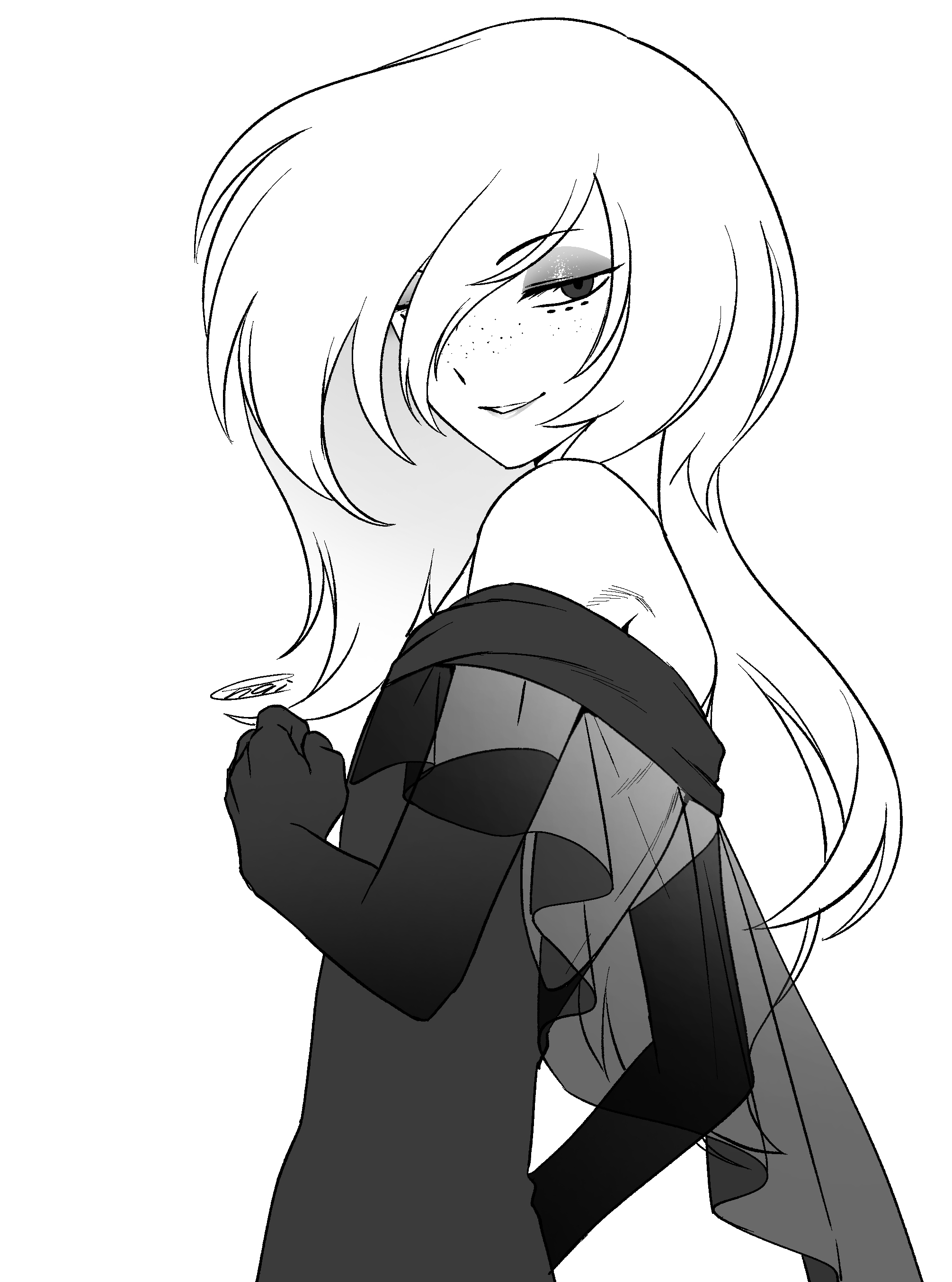 menma (enaic31), angel dust, hazbin hotel, hellaverse, absurdres, commentary request, highres, 1boy, :d, alternate hair length, alternate hairstyle, bare shoulders, crossdressing, crossdressing (mtf), elbow gloves, eyeshadow, facial mark, freckles, frills, gloves, greyscale, grin, hair over one eye, hand up, humanization, long hair, long sleeves, looking at viewer, makeup, male focus, monochrome, off-shoulder shirt, off shoulder, one eye covered, open mouth, shirt, signature, simple background, smile, solo, trap, upper body, white background