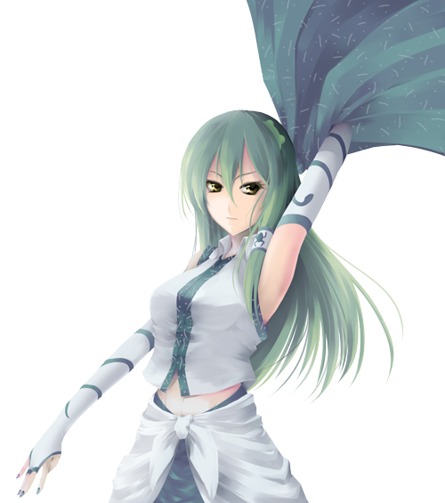 enishi midori, kochiya sanae, touhou, 1girl, animal print, arm up, armpits, blue skirt, breasts, bridal gauntlets, cowboy shot, female focus, frog hair ornament, frog print, gloves, green hair, green nails, hair between eyes, hair ornament, hair tubes, large breasts, long hair, midriff, nail polish, navel, outstretched arms, simple background, skirt, sleeveless, solo, white background, white gloves, yellow eyes