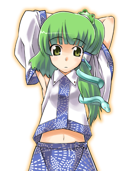gengorou, kochiya sanae, konpaku youmu, touhou, duplicate, 1girl, armpits, female focus, green hair, navel, skirt, solo, white background