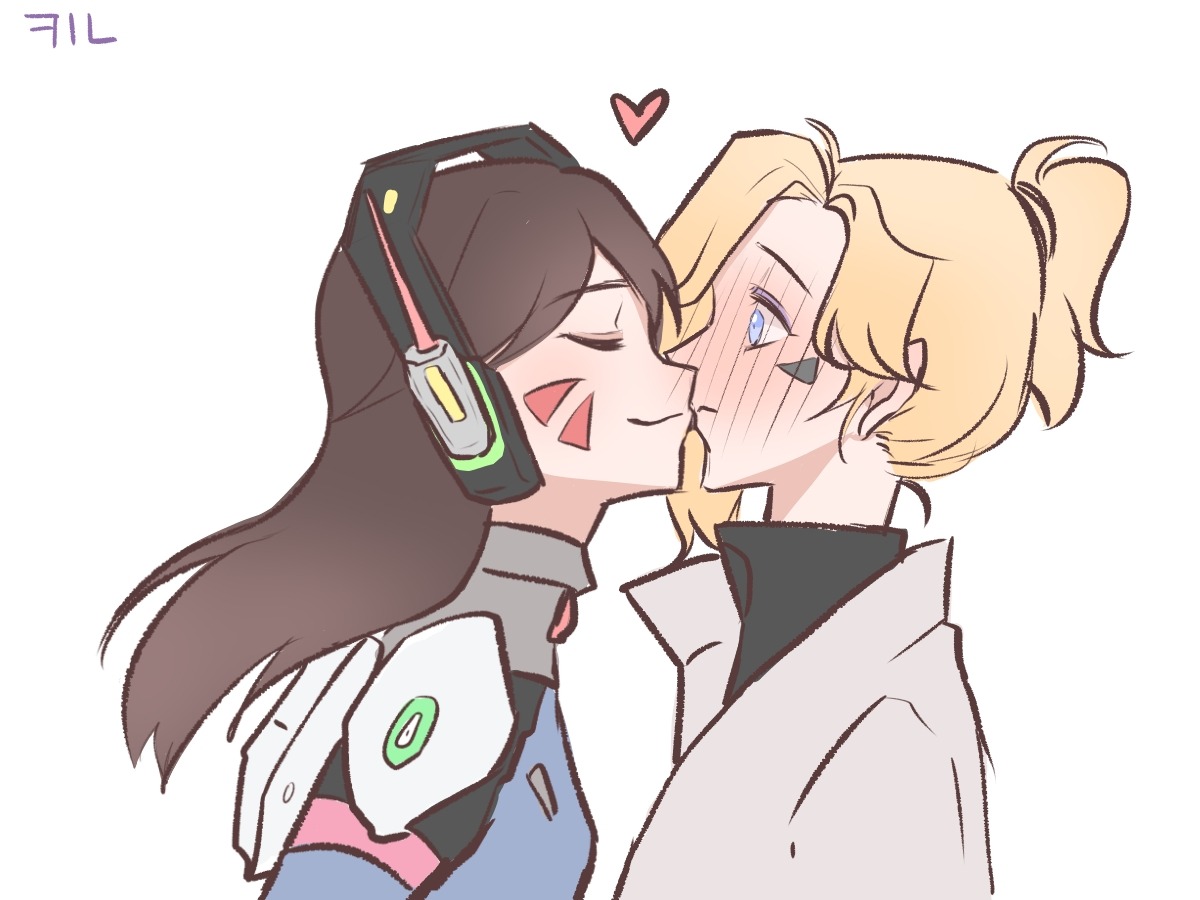 d.va (overwatch), mercy (overwatch), overwatch, overwatch 1, 2girls, blonde hair, blue eyes, blush, bodysuit, brown hair, closed eyes, coat, facial mark, headphones, heart, kiss, multiple girls, ponytail, servadakin, surprise kiss, surprised, turtleneck, white background, yuri