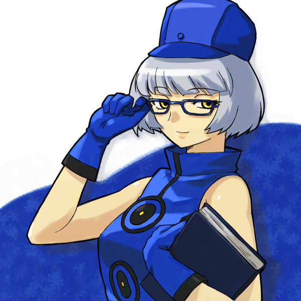michael f91, elizabeth (persona), atlus, persona, persona 3, 1girl, adjusting eyewear, bare shoulders, bespectacled, book, female focus, glasses, gloves, hat, sleeveless, smile, solo, yellow eyes