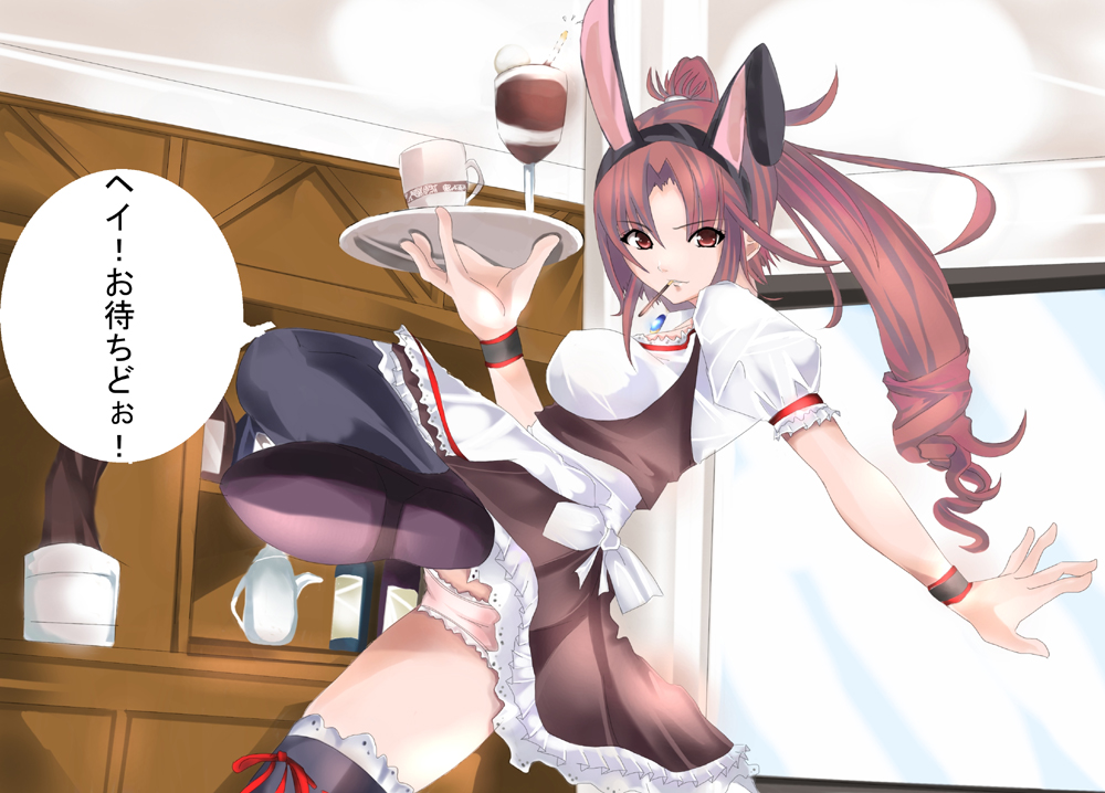 riochan, original, 1girl, animal ears, breasts, fake animal ears, female focus, large breasts, panties, pantyshot, rabbit ears, solo, thighhighs, underwear, waitress