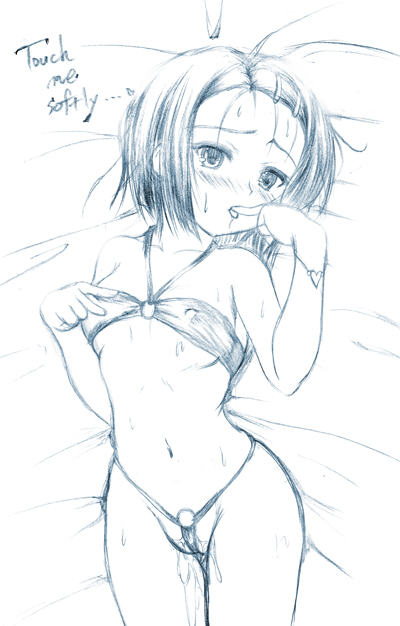 johnny (from scratch), sairenji haruna, to love-ru, 00s, 1girl, bikini, blue theme, blush, covered erect nipples, female focus, finger sucking, finger to mouth, flat chest, hair ornament, hairclip, lying, monochrome, nipple stimulation, nipple tweak, on back, pussy juice, short hair, solo, sweat, swimsuit, thong bikini, wedgie