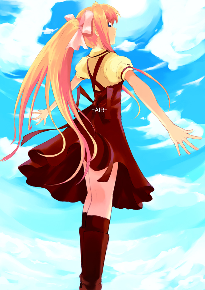 kitagawa unagi, kamio misuzu, air (visual novel), bad id, bad pixiv id, 00s, blonde hair, cloud, day, hair ribbon, long hair, ponytail, ribbon, school uniform, serafuku, sky, solo, very long hair