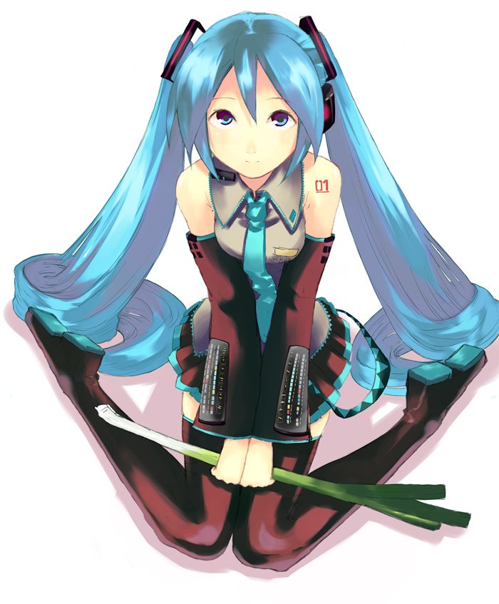 kitagawa unagi, hatsune miku, vocaloid, bad id, bad pixiv id, 1girl, blue eyes, blue hair, detached sleeves, female focus, kitakanaung, long hair, matching hair/eyes, solo, spring onion, thighhighs, twintails, very long hair