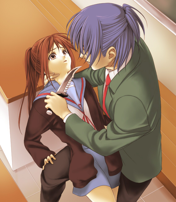 asakura ryo, asakura ryoko, kyon, kyonko, suzumiya haruhi no yuuutsu, non-web source, 00s, 1boy, 1girl, genderswap, genderswap (ftm), genderswap (mtf), knife, ponytail, school uniform, serafuku