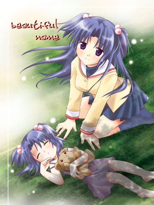 usami wataru, ichinose kotomi, clannad, non-web source, 00s, 2girls, barefoot, blazer, blue hair, closed eyes, dress, dual persona, from above, grass, hair bobbles, hair ornament, jacket, kneeling, long hair, looking up, lying, miniskirt, multiple girls, on back, outdoors, pleated skirt, purple eyes, school uniform, serafuku, skirt, sleeping, smile, socks, stuffed animal, stuffed toy, teddy bear, time paradox, twintails, two side up