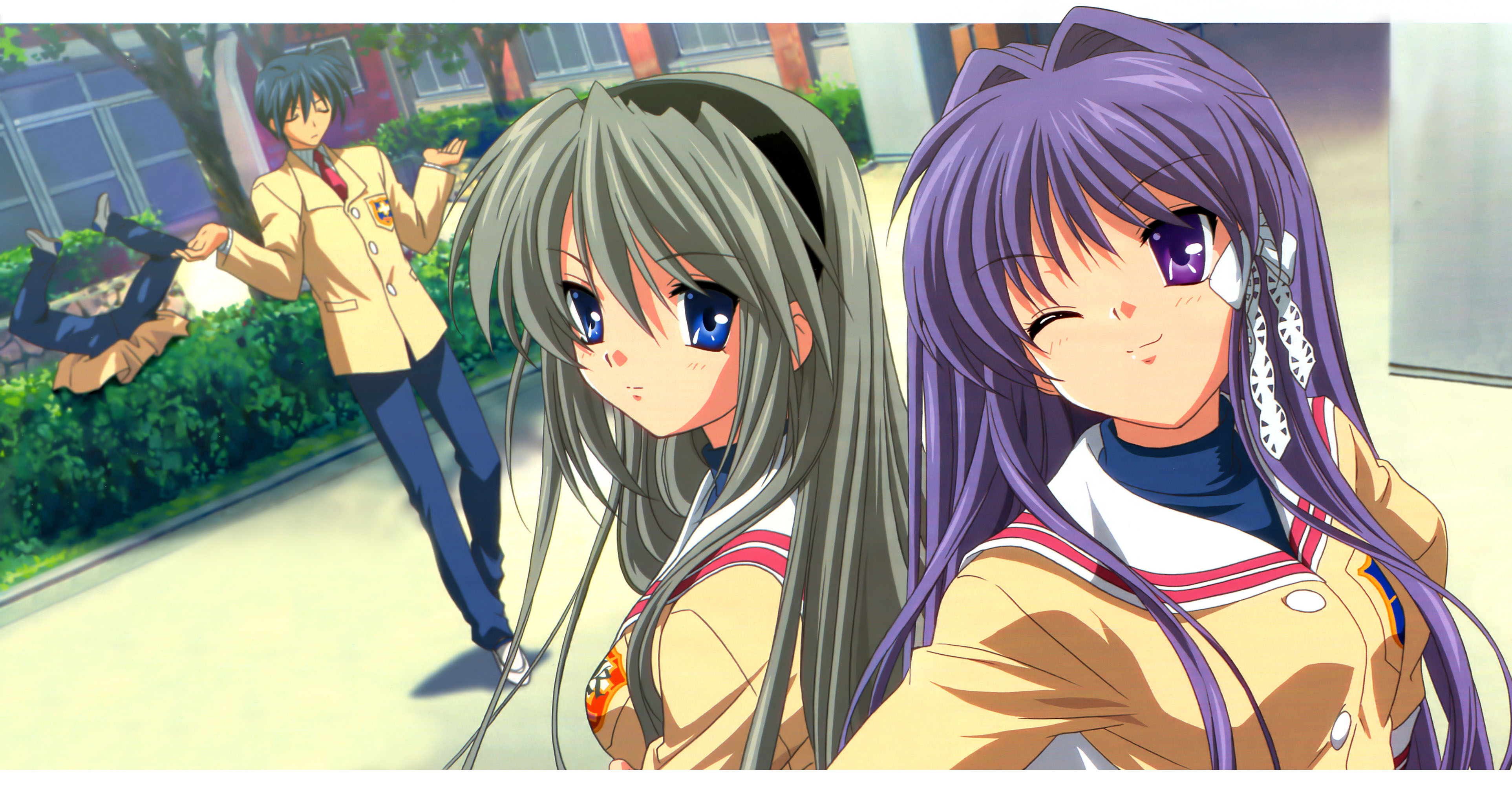 fujibayashi kyou, okazaki tomoya, sakagami tomoyo, sunohara youhei, clannad, absurdres, highres, non-web source, 00s, 2boys, 2girls, multiple boys, multiple girls, one eye closed, school uniform, serafuku, wink