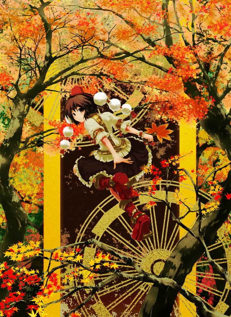 nekoita, shameimaru aya, touhou, red footwear, bad id, bad pixiv id, 1girl, autumn, autumn leaves, bare tree, black skirt, boots, brown eyes, brown hair, female focus, forest, frilled skirt, frills, geta, hat, leaf, looking at viewer, looking back, nature, pom pom (cheerleading), pom pom (clothes), scarf, shirt, short hair, short sleeves, skirt, solo, tengu-geta, tokin hat, tree, wheel, white shirt