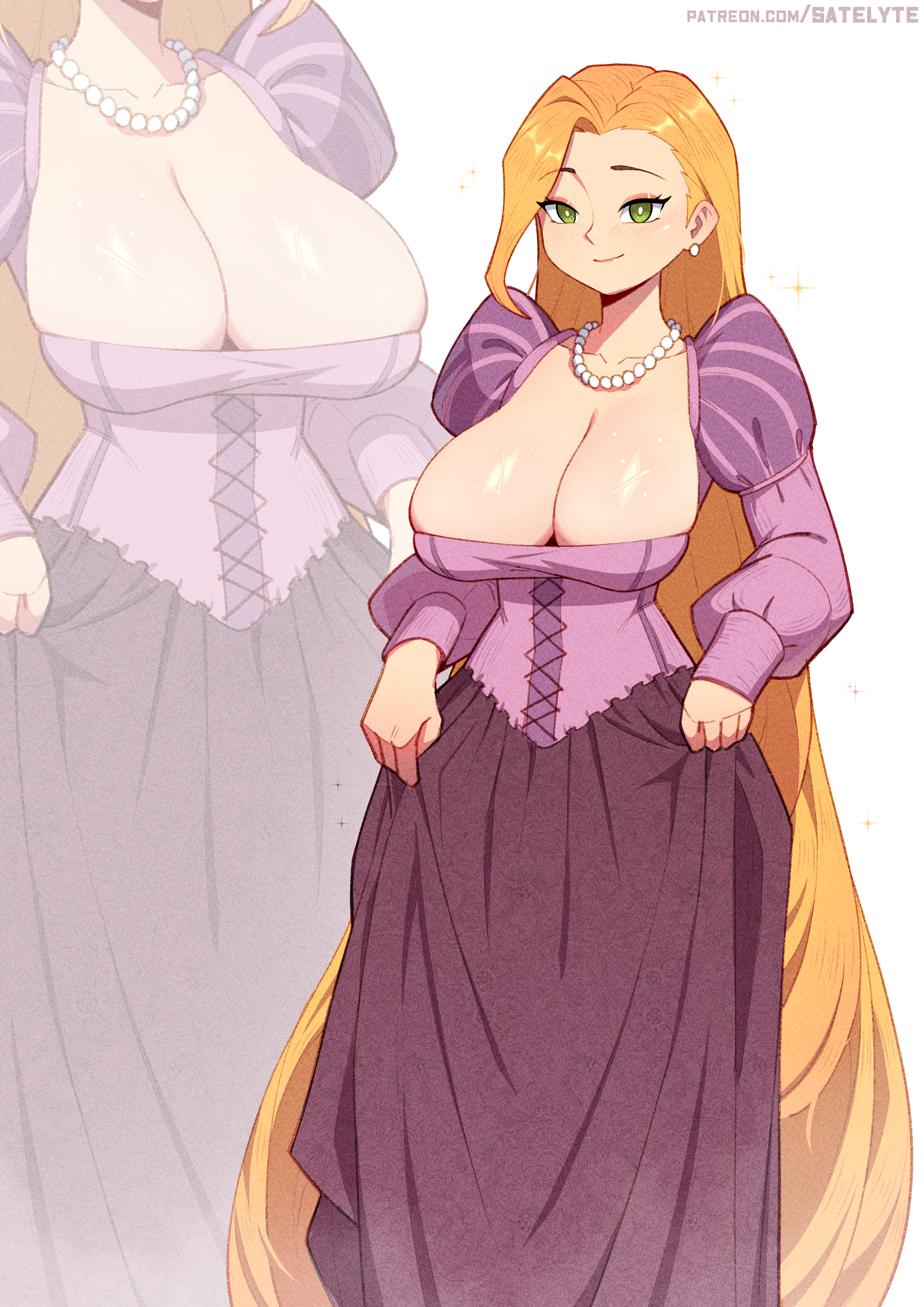 satelyte, rapunzel (disney), disney, rapunzel (fairy tale), tangled, 1girl, blonde hair, blush, breasts, cleavage, clothes lift, collarbone, dress, dress lift, earrings, green eyes, jewelry, large breasts, long hair, long sleeves, looking at viewer, multiple views, necklace, pearl necklace, princess, puffy sleeves, purple dress, smile, sparkle, standing, sweat, very long hair, white background