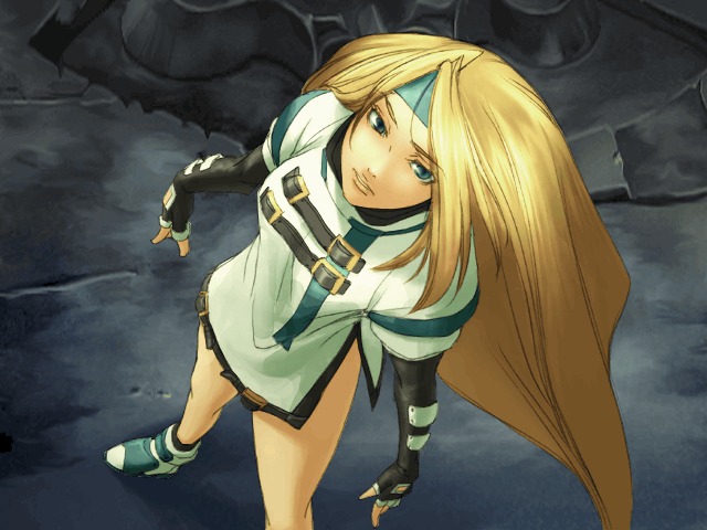 millia rage, arc system works, guilty gear, guilty gear xx, official art, 1girl, blonde hair, blue eyes, female focus, from above, headband, long hair, solo, very long hair