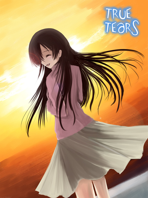 niwatori kokezou, yuasa hiromi, true tears, 00s, 1girl, :d, ^ ^, backlighting, closed eyes, female focus, from behind, horizon, long hair, long sleeves, ocean, open mouth, see-through clothes, smile, solo, sun, sunlight, turning head, very long hair, water