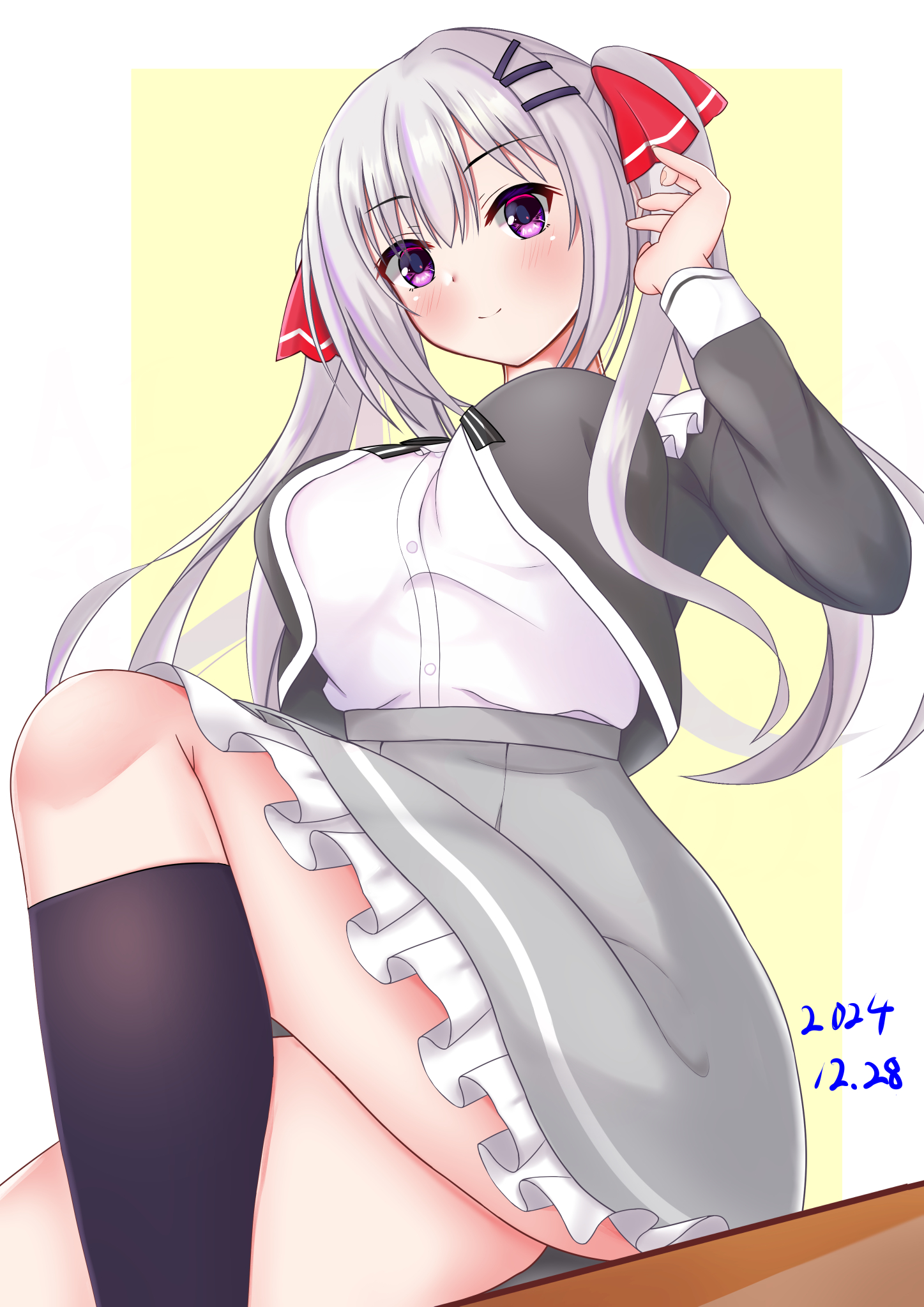 axl11hikari, hijiri ririko, hamidashi creative, commentary request, highres, 1girl, 2024, black jacket, black socks, blush, breasts, closed mouth, dated, dress shirt, feet out of frame, floating hair, frilled skirt, frills, from below, grey hair, grey skirt, hair between eyes, hair ornament, hair ribbon, hairclip, hand up, high-waist skirt, jacket, knee up, kneehighs, large breasts, long hair, long sleeves, looking at viewer, looking down, open clothes, open jacket, parallel hairclips, purple eyes, red ribbon, ribbon, shirt, sidelocks, simple background, sitting, skirt, smile, socks, solo, thighs, twintails, white shirt, yellow background