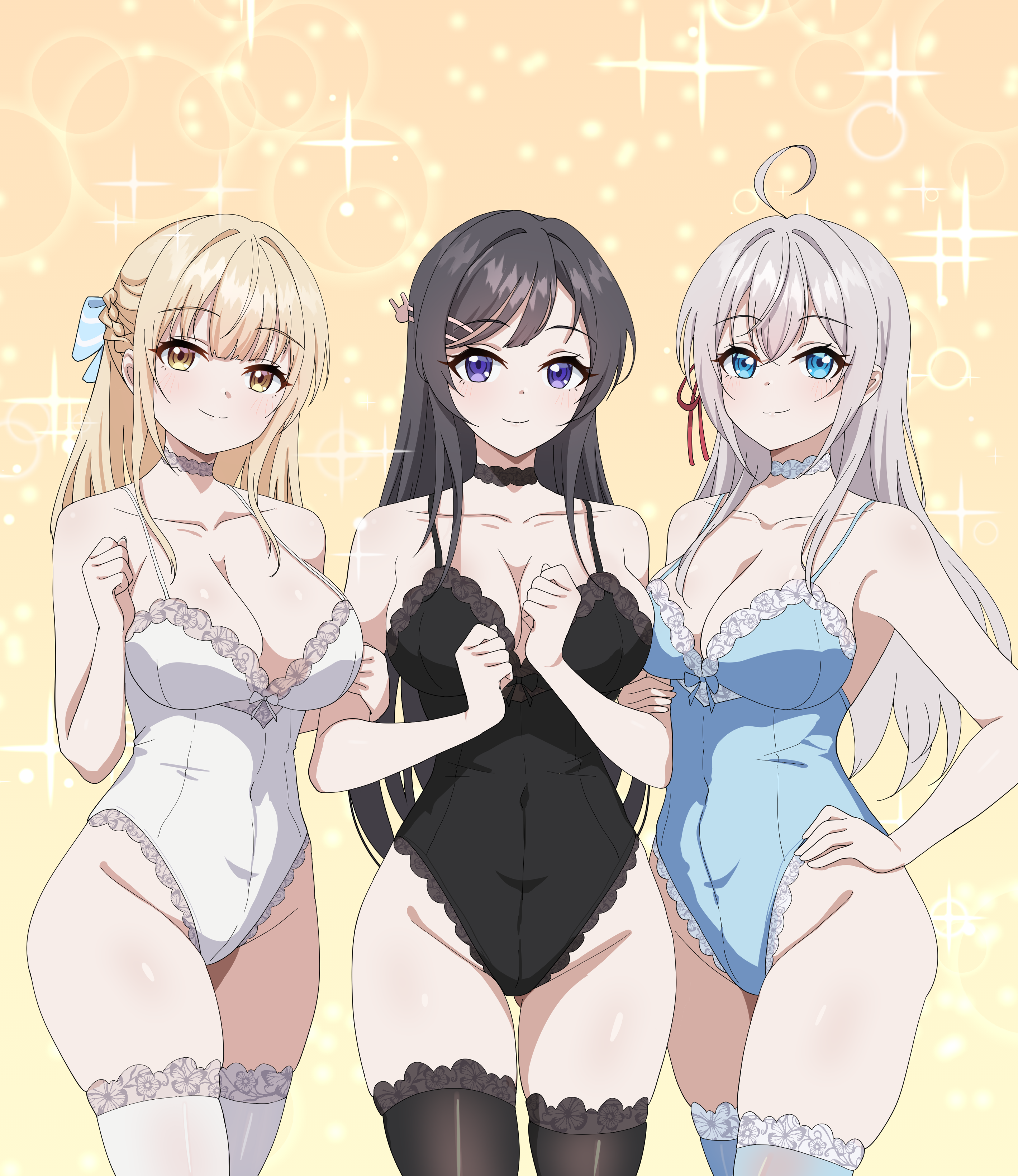 4ddd, alisa mikhailovna kujou, sakurajima mai, shiina mahiru (otonari no tenshi-sama), otonari no tenshi-sama ni itsu no mani ka dame ningen ni sarete ita ken, seishun buta yarou, sono bisque doll wa koi wo suru, tokidoki bosotto roshia-go de dereru tonari no alya-san, absurdres, commission, highres, pixiv commission, 3girls, ahoge, animal ears, black hair, black leotard, black thighhighs, blonde hair, blue eyes, blue leotard, blue thighhighs, blush, breasts, brown eyes, cleavage, closed mouth, collar, gluteal fold, groin, hair between eyes, hair ornament, hairclip, hand on own hip, large breasts, leotard, long hair, looking at viewer, medium hair, multiple girls, playboy bunny, purple eyes, smile, thighhighs, white hair, white leotard, white thighhighs