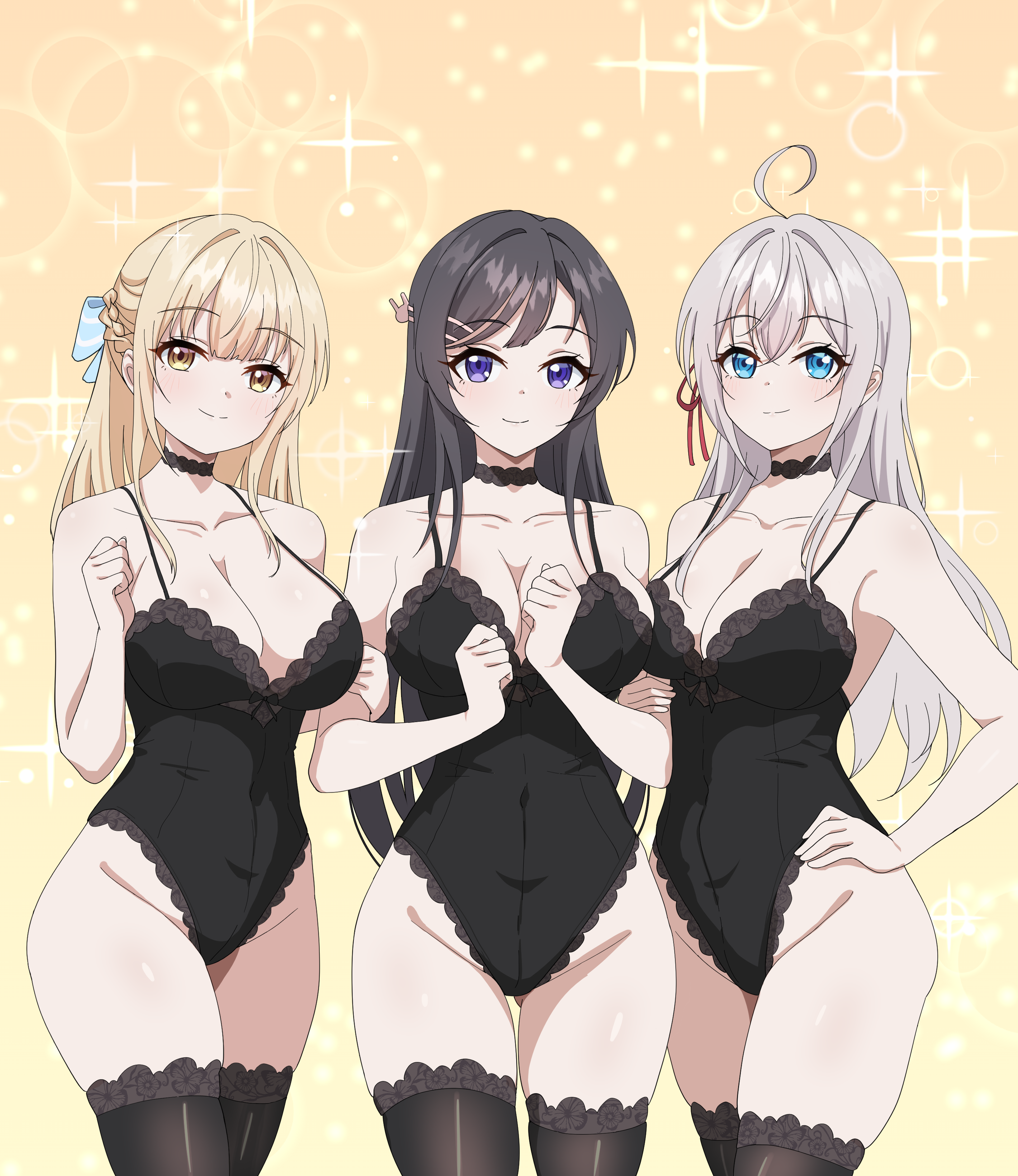 4ddd, alisa mikhailovna kujou, sakurajima mai, shiina mahiru (otonari no tenshi-sama), otonari no tenshi-sama ni itsu no mani ka dame ningen ni sarete ita ken, seishun buta yarou, sono bisque doll wa koi wo suru, tokidoki bosotto roshia-go de dereru tonari no alya-san, absurdres, commission, highres, pixiv commission, 3girls, ahoge, animal ears, black hair, black leotard, black thighhighs, blonde hair, blue eyes, blush, breasts, brown eyes, cleavage, closed mouth, collar, gluteal fold, groin, hair between eyes, hair ornament, hairclip, hand on own hip, large breasts, leotard, long hair, looking at viewer, medium hair, multiple girls, playboy bunny, purple eyes, smile, thighhighs, white hair
