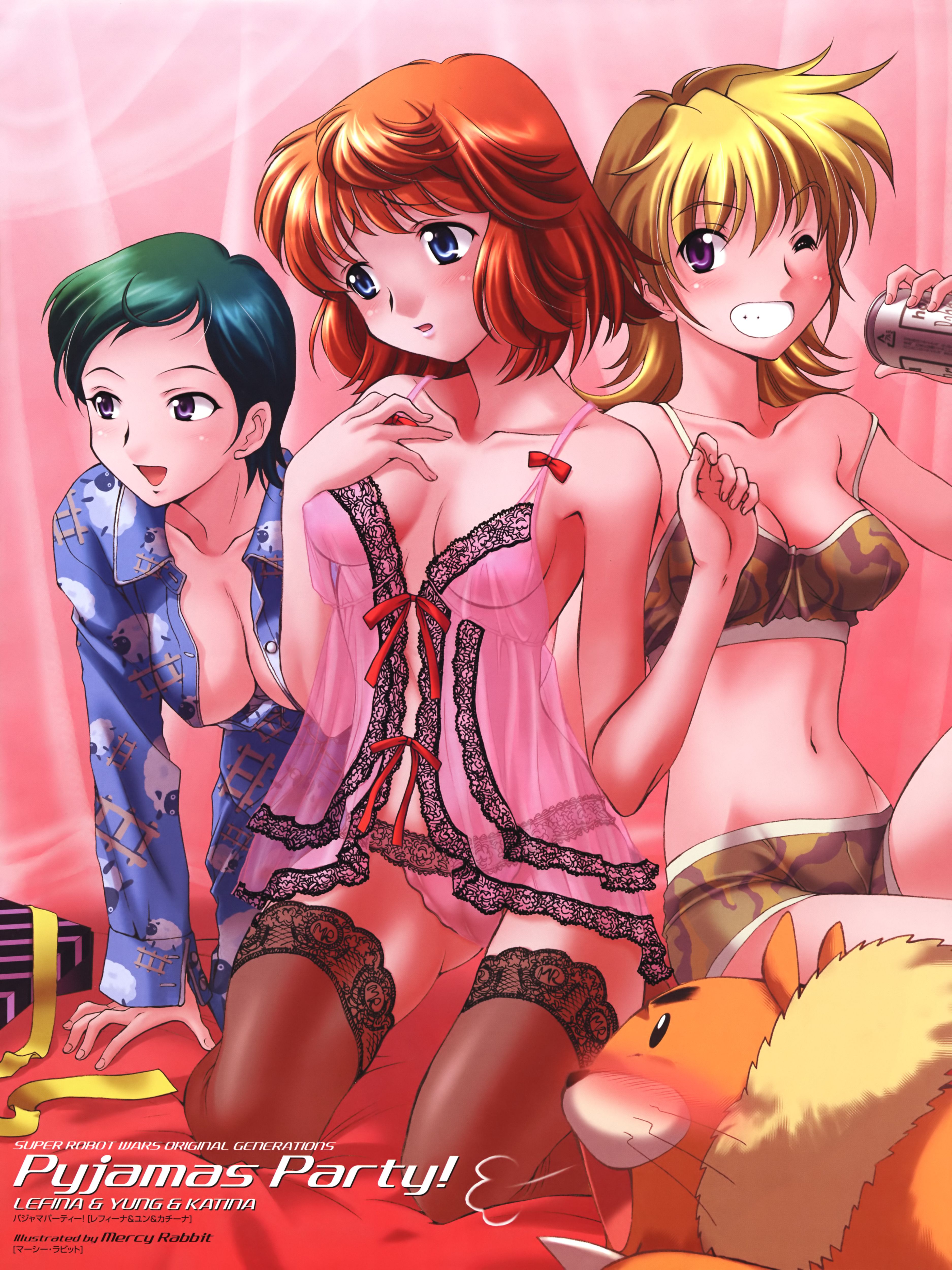 mercy rabbit, eun hyojin, katina tarask, lefina enfield, banpresto, super robot wars, super robot wars original generation, absurdres, highres, 3girls, alcohol, arm support, babydoll, bare shoulders, beer, blonde hair, blue eyes, blush, breasts, cleavage, green hair, grin, large breasts, lingerie, medium breasts, midriff, multiple girls, no bra, one eye closed, pajamas, panties, purple eyes, red hair, see-through clothes, short hair, sleepover, smile, tank top, thighhighs, underwear, wink