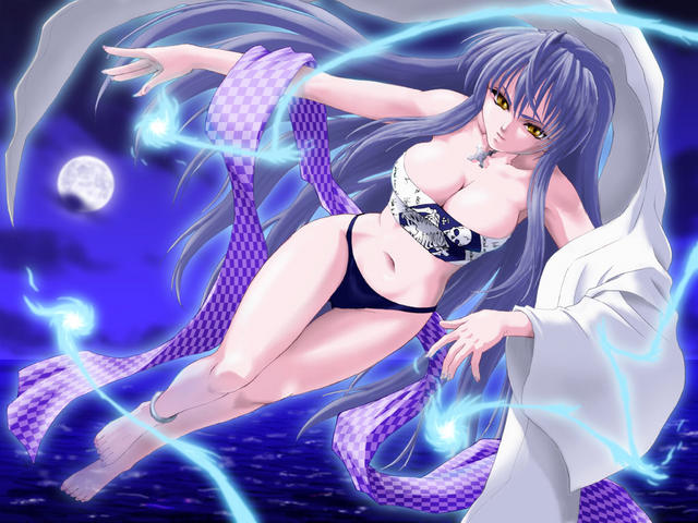 blue hair, breasts, cleavage, moon, yellow eyes
